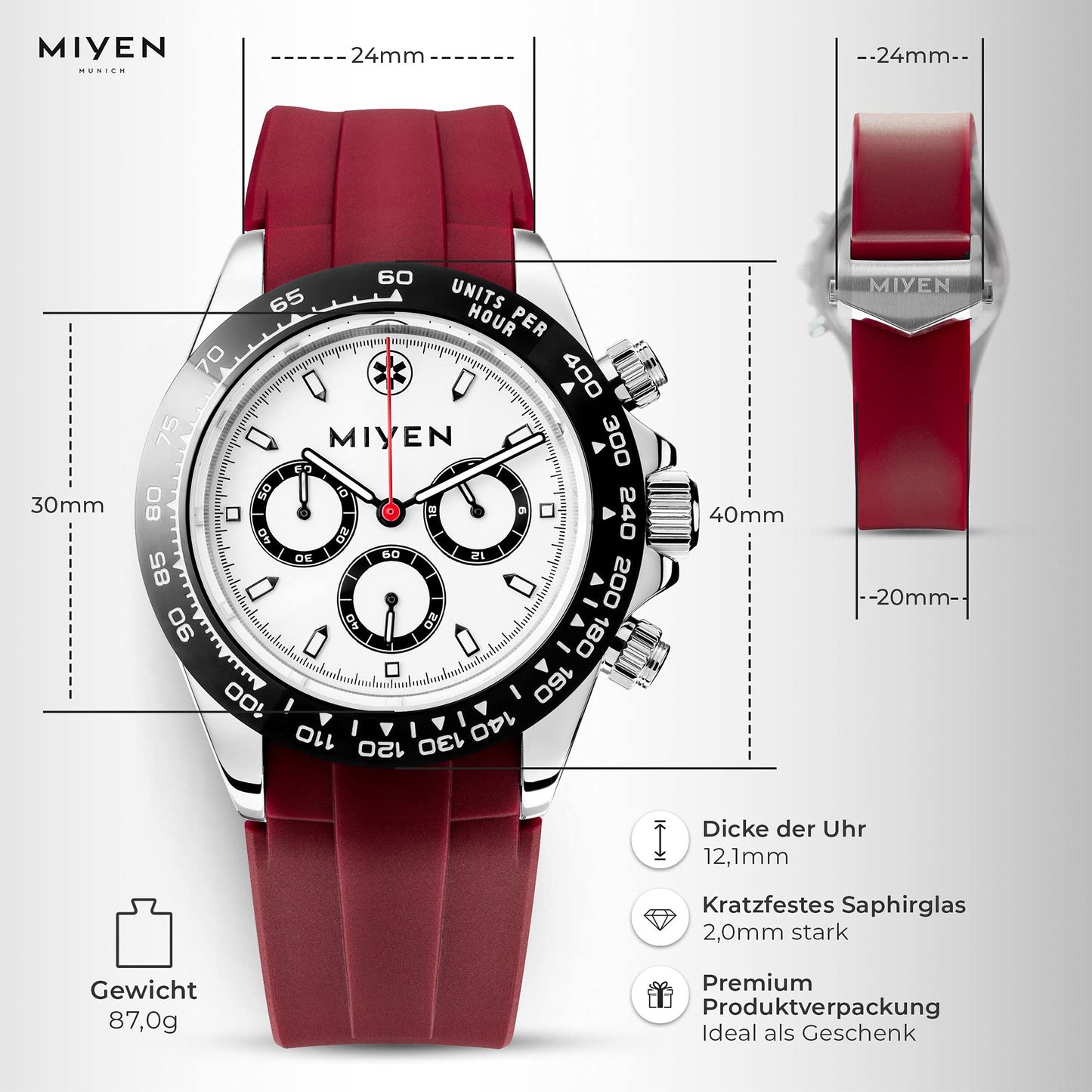MIYEN MUNICH Voyager Herren Uhr - Chronograph mit Miyota Quarz Präzisionslaufwerk Saphirglas & Tachymeter Funktion – Silber Uhr Herren (Schwarz/Rot)
