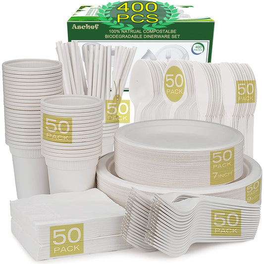 Aschef 400er Umweltfreundlich Biologisch Abbbaubare Geschirrset Einweggeschirr Besteck Set aus Bagasse Kompostierbar Pappteller Pappbecher Messer Löffel Gabeln für Camping Grill BBQ Party 50 Personen