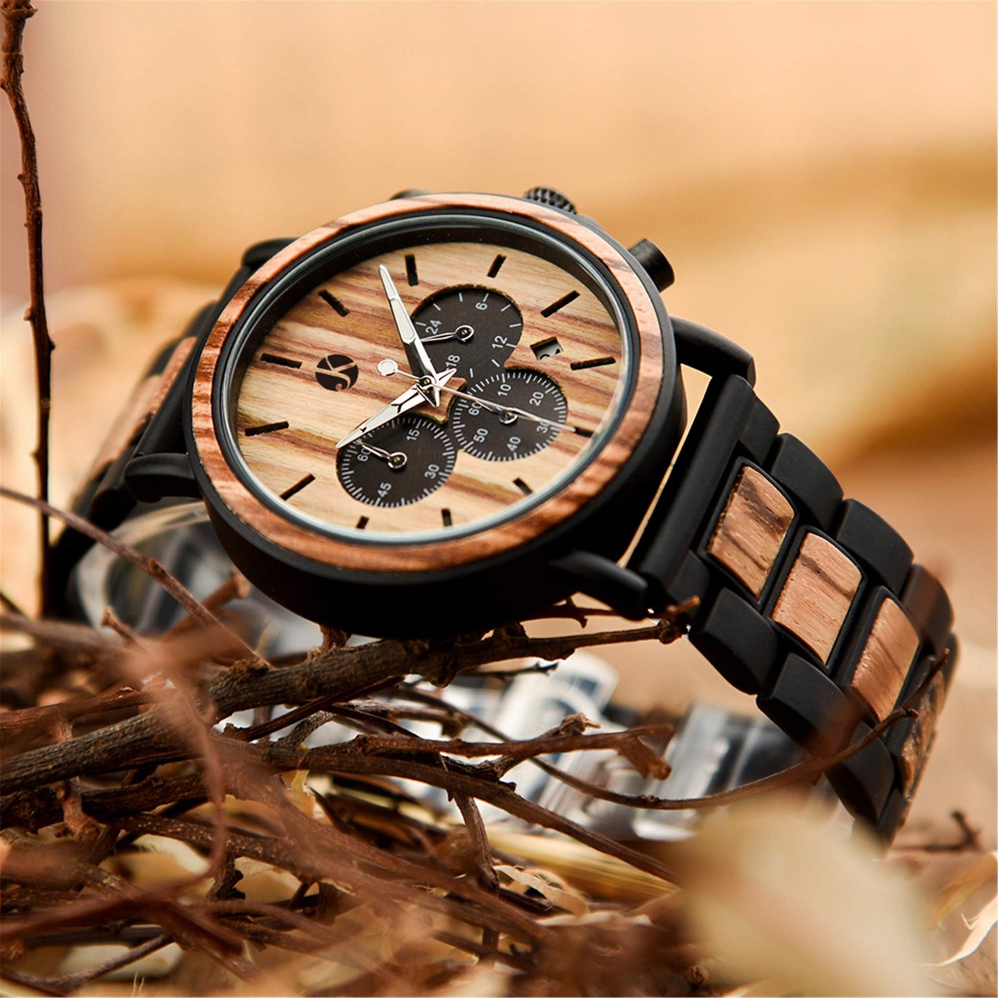 Kim Johanson Herren Holz-Edelstahl Armbanduhr *Military* in Hellbraun Chronograph mit Stoppuhr & einem Gliederarmband Handgefertigt Quarz Analog Uhr inkl. Geschenkbox