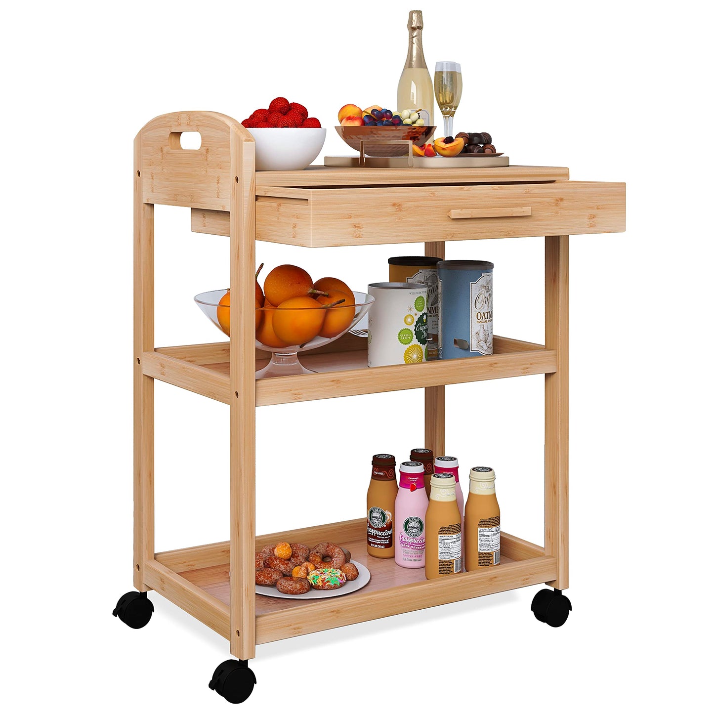 SMIBUY Kücheninsel Wagen auf Rädern mit Lagerung Schublade & Regale, Bambus 3-Tier Rolling Utility Serving Rack mit Massivholz Arbeitsplatte & Lockable Casters (Natural)