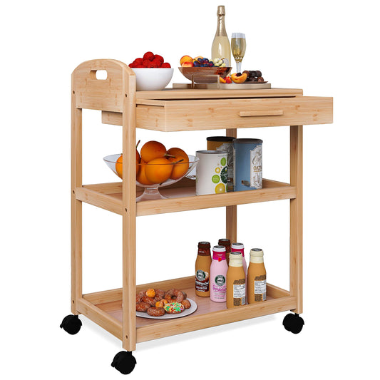 SMIBUY Kücheninsel Wagen auf Rädern mit Lagerung Schublade & Regale, Bambus 3-Tier Rolling Utility Serving Rack mit Massivholz Arbeitsplatte & Lockable Casters (Natural)