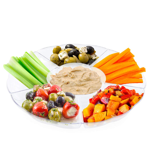 MATANA 5 Transparente Snackteller mit 6 Fächern (Kunststoff, 31cm) - Servierteller, Snackschalen & Dipschalen - Picknick & Partys - Elegant, Stabil & Mehrweg