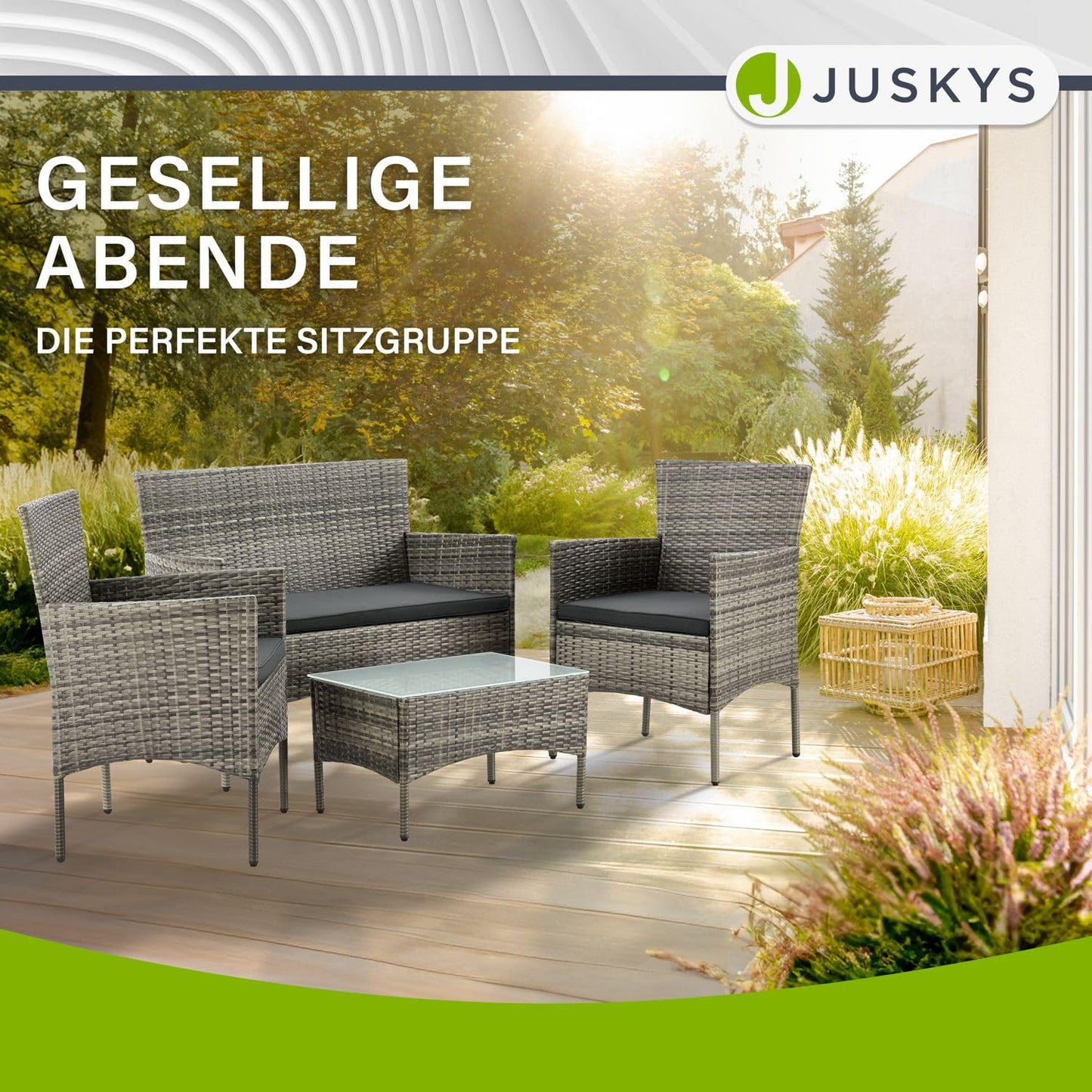 Juskys Polyrattan Sitzgruppe Fort Myers 4er-Set Grau-Meliert, Wetterfestes Gartenmöbel-Set mit Sofa, Stühlen, Tisch und Kissen