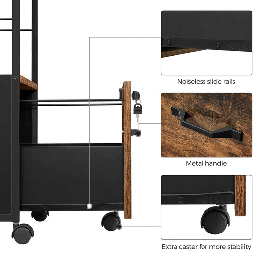 VASAGLE Aktenschrank mit 1 Schublade, Aktenschrank mit Schloss, Druckerständer, Büro-Aktenschrank-Organizer, für A4- und Briefformat, rustikales Braun und Schwarz UOFC044B01