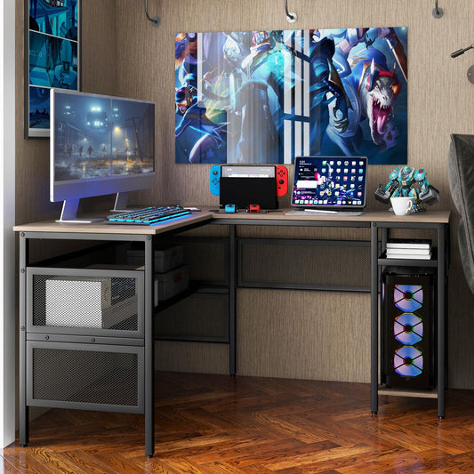 COSTWAY L-förmiger Schreibtisch, reversibler Eckschreibtisch mit Gitterregalen & CPU-Ständer, Ecktisch, Computertisch, Bürotisch für Home Office, 140 x 120 x 74 cm