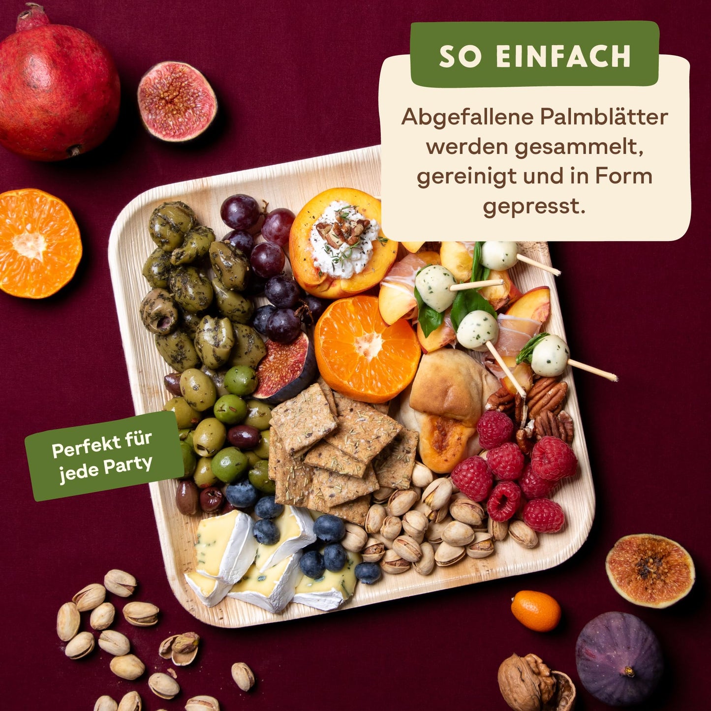 Leef 50x Palmblatt Teller eckig - Einweggeschirr kompostierbar und naturbelassen - 25 x 25 cm