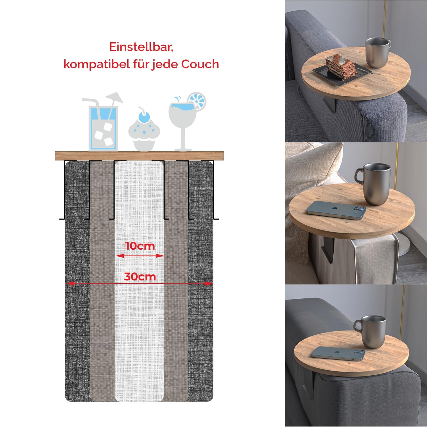 sugodesign Couch-Tablett Armlehne, Einstellbarer Sofa-Tablett, Getränkehalter, spezielles Design praktischer Metallhalterung, Sitzgarnitur Ablage, Durchmesser ⌀ 35 cm (Holz-Optik)