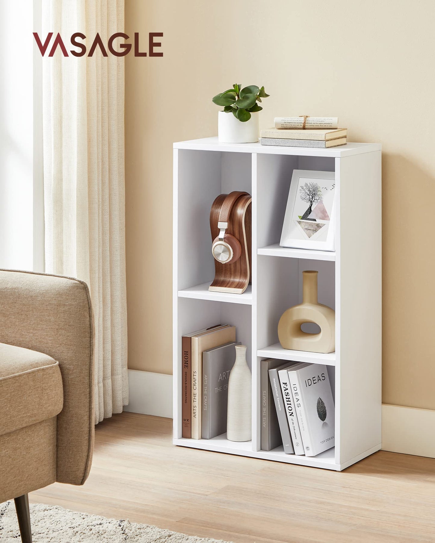 VASAGLE Bücherregal, Regal mit 5 Fächern, Bücherregal, Trennwand, Präsentation, für Wohnzimmer, Schlafzimmer, Büro, 24 x 50 x 80 cm, Weiß LBC25WT