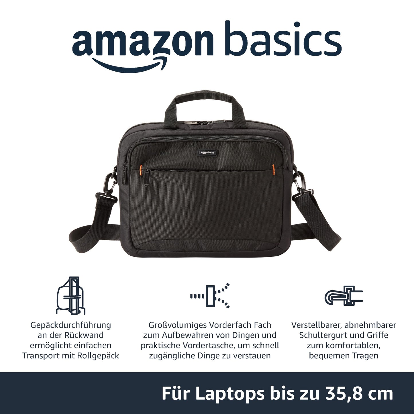 Amazon Basics - kompakte Laptoptasche, Umhängetasche/Tragetasche mit Taschen zur Aufbewahrung von Zubehör, für Laptops bis zu 14 Zoll (35,6 cm), Schwarz, 1 Stück