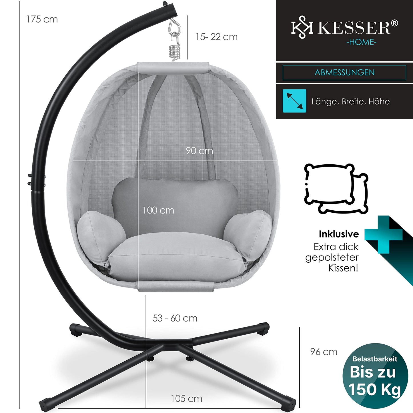 KESSER® Luxe Hängesessel mit Gestell + weicher Sitzkissen, Seitenpolsterung, Sitz- und Rückenkissen Hängekorb Indoor & Outdoor, Garten Schaukel Korb Hängestuhl Stabiler Standfuß, max. 150 kg Grau