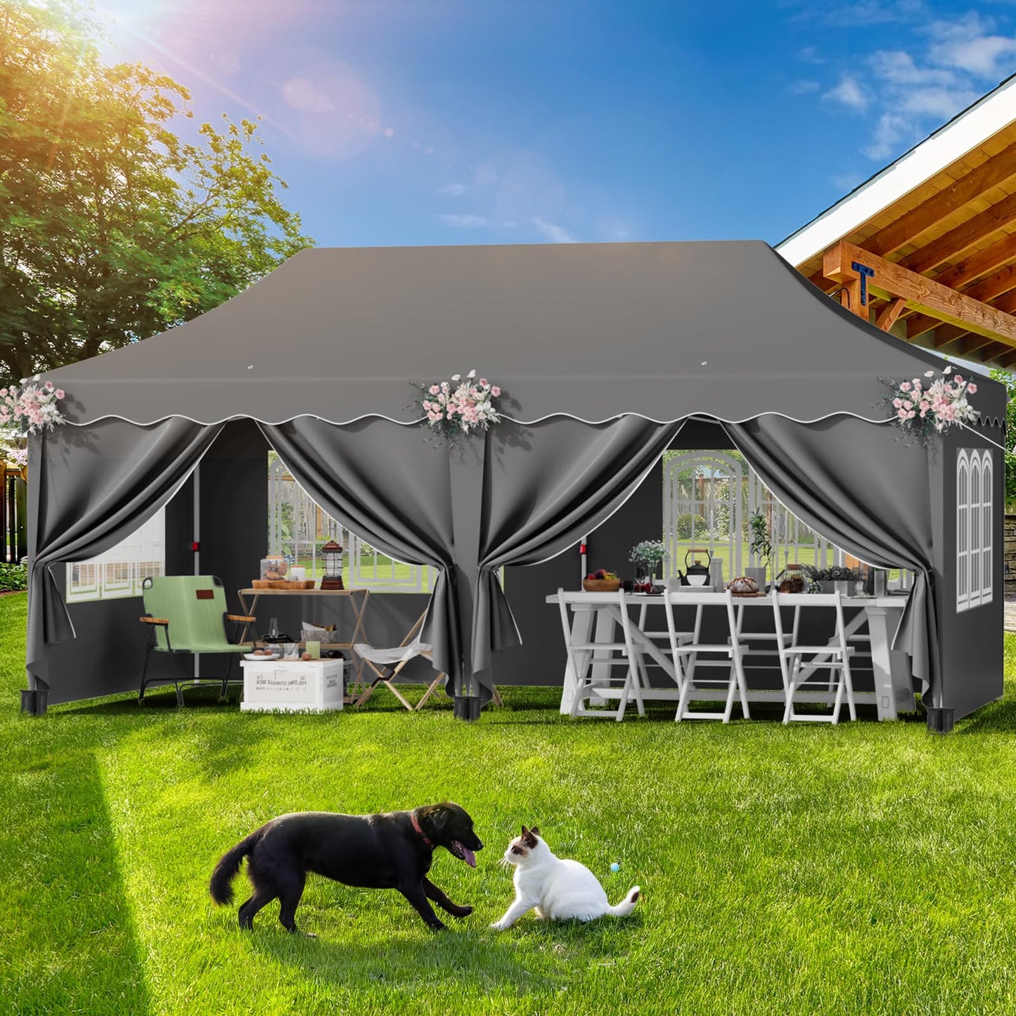 Faltpavillon 3x6 Pavillon Wasserdicht Stabil, Faltbar Gartenzelt 3x6 mit 6 Seitenwänden,UV Schutz 50+ Partyzelt con 12 Erdhaken 6 Seile und 6 Sandsäcke,Gartenpavillon für Markt,Hochzeiten,Freien, Grau