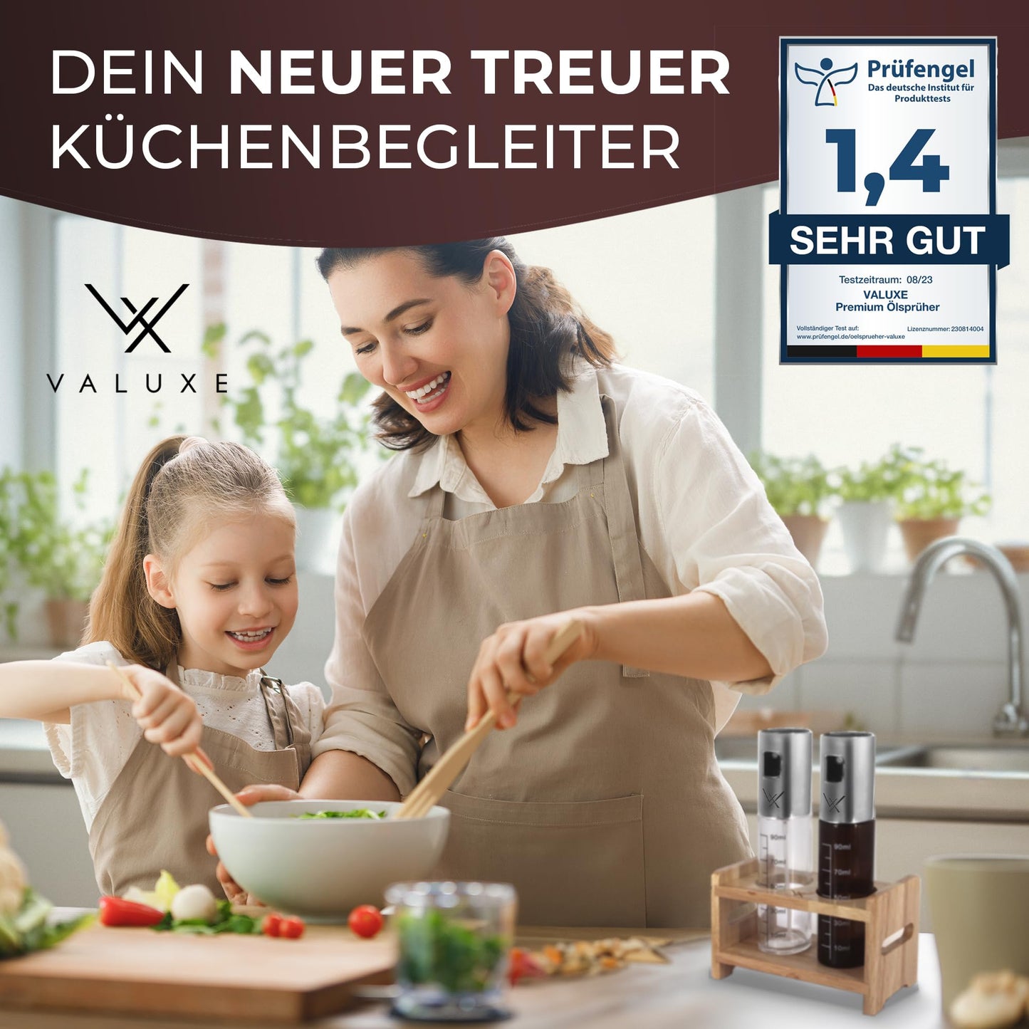VALUXE® Ölsprüher für Speiseöl und Essig mit UV-Schutz Glas & Sprühfilter - 2er Set Edelstahl Öl-Sprühflasche inkl. Halterung - Präziser Olivenöl Sprüher, Öl-Zerstäuber, Oil-Sprayer