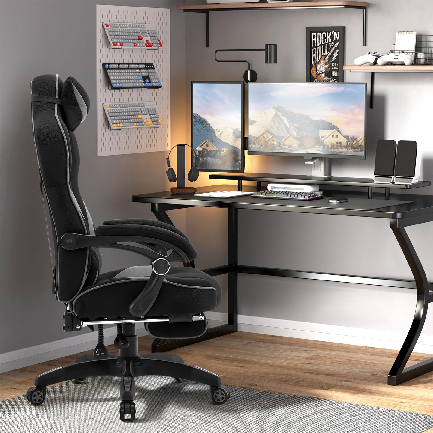 WOLTU Gaming Stuhl Stoff Atmungsaktiv Bürostuhl Gaming Chair Ergonomisch mit Lendenkissen, Gamer Stuhl 150 kg Belastbarkeit PC-Stuhl mit Große Rückenlehne & Sitzfläche, Schwarz+Grau