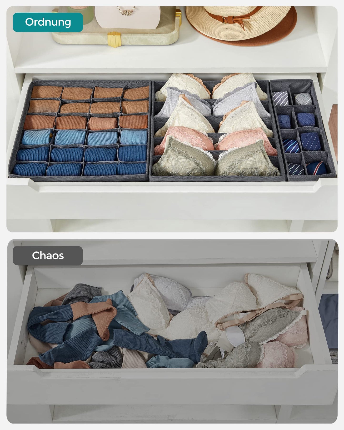 SONGMICS Unterwäsche-Organizer 8er Set, Schubladen-Organizer faltbar, Ordnungssystem Kleiderschrank, Aufbewahrungsbox Schrank, Stoffboxen Aufbewahrung, für BHs Socken Krawatten, grau RUS08GY
