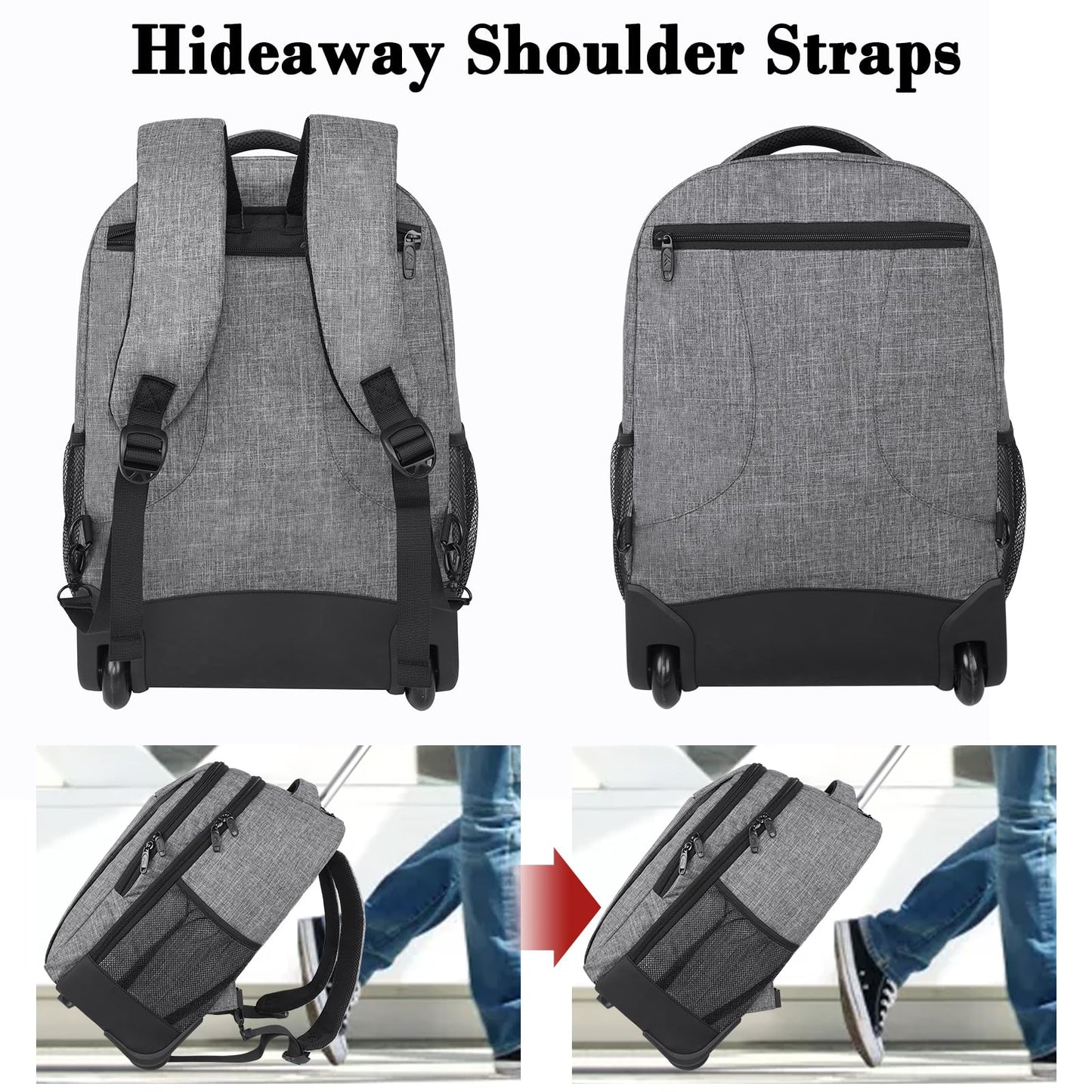 MATEIN Schulrucksack mit Rollen, Business Trolley Leicht Handgepäck Flugzeug Reiserucksack Herren 17 Zoll Laptoptasche Reisetasche mit Rädern Damen Schultrolley Wheeled Backpack für Arbeit, Uni, Grau