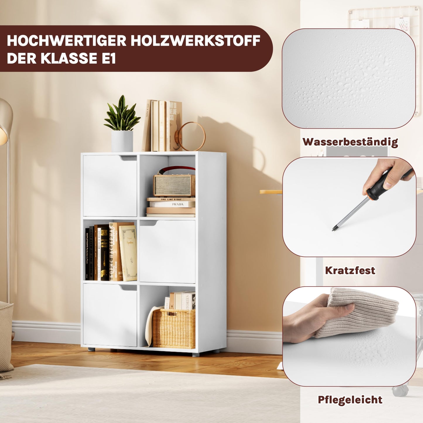 WOLTU Bücherregal Bücherschrank Standregal Aufbewahrungregal Raumteiler Büroregal Aktenschrank, mit 3 Türen, 6 Fächer, 29 x 91 x 59,6 cm,Weiß SK001ws