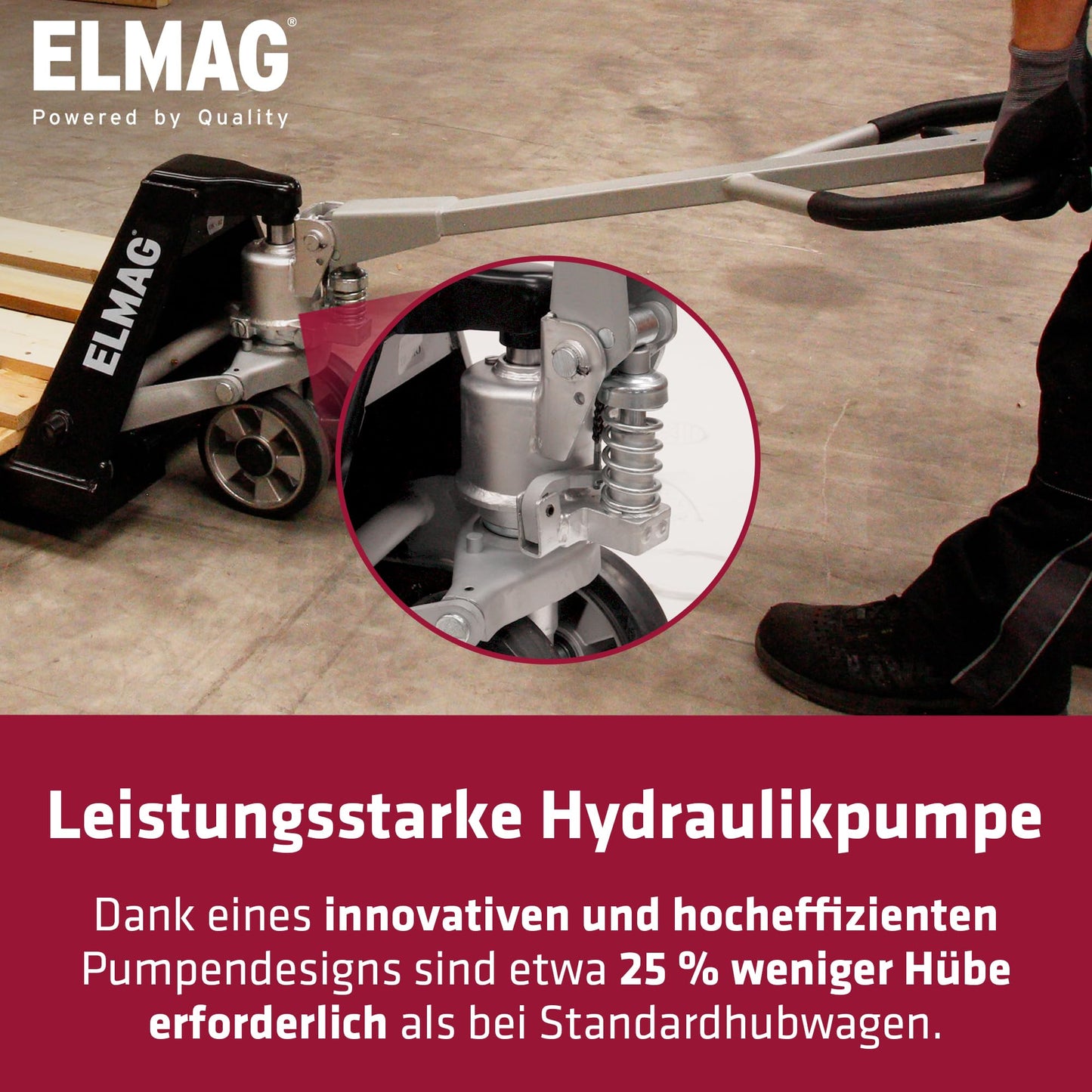 Elmag Handhubwagen HW 2500 – Hubwagen mit 2500 kg Tragkraft, 1150 mm Gabellänge, 540 mm Gabelbreite – Palettenwagen mit Gummirädern & Polyurethan-Tandemrollen – Gabelhubwagen für mühelosen Transport
