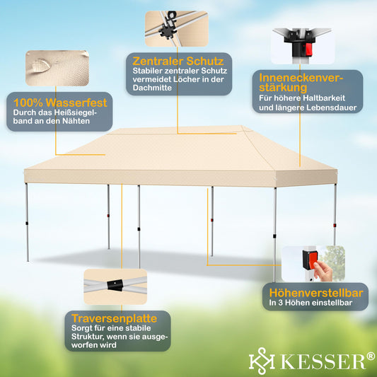 KESSER® Pavillon Faltpavillon 6x3m Festzelt mit 6 abnehmbaren Seitenwänden | Gartenzelt Höhenverstellbar & Wasserdicht + Tasche Bodenanker | Pop-Up Klicksystem UV-Schutz 50+ Partyzelt Beige