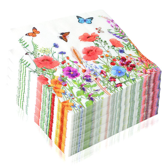 100 Stück Papierservietten mit Blumen Servietten Blumenwiese Schmetterlinge Servietten Blumenmuster für Frühling Geburtstage Partys Hochzeiten Feiern 33x33cm