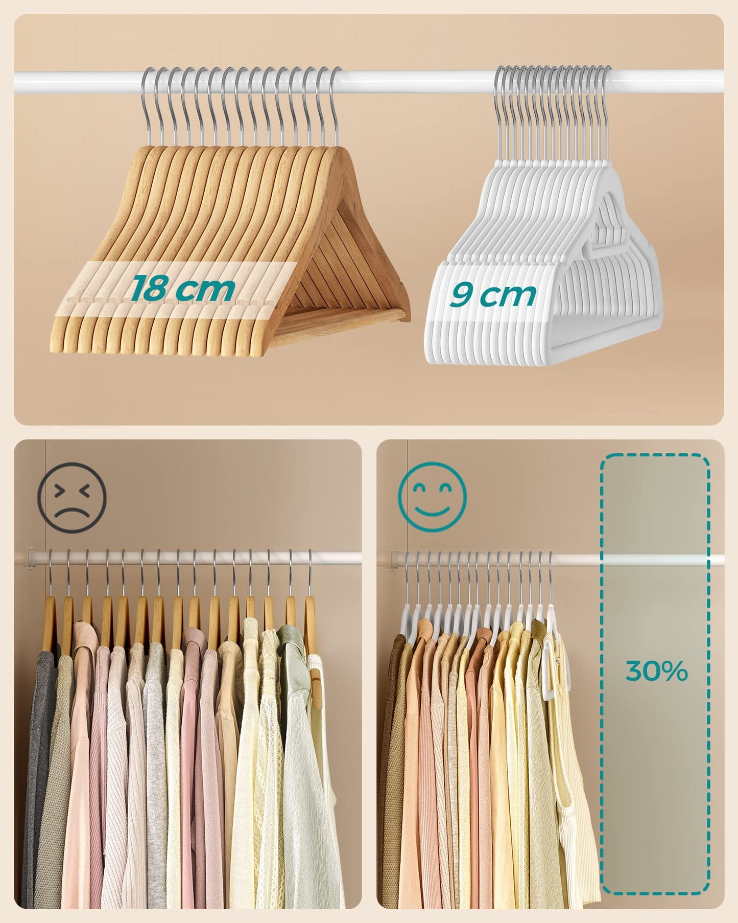 SONGMICS Kleiderbügel Samt, 50er Set, Bügel, rutschfest, kleine Stange für Krawatten, 360° drehbarer Haken, 0,6 cm dick, platzsparend, 43,5 cm lang, für Mäntel, Hosen, Silber-Weiß CRF020W02