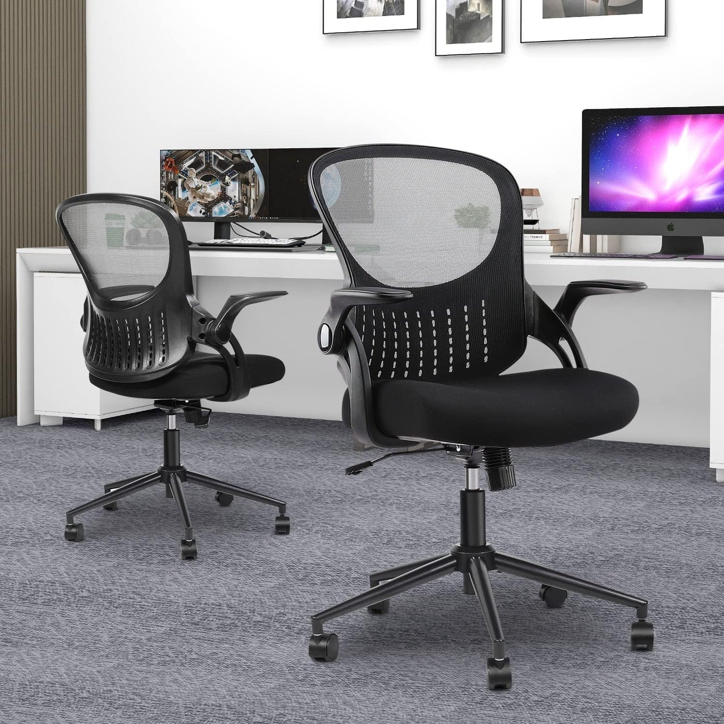 Home Office Stuhl Ergonomischer Schreibtischstuhl Mesh Computerstuhl Moderner Höhenverstellbarer Drehstuhl mit Lendenwirbelstütze/Klapparmlehnen, Schwarz