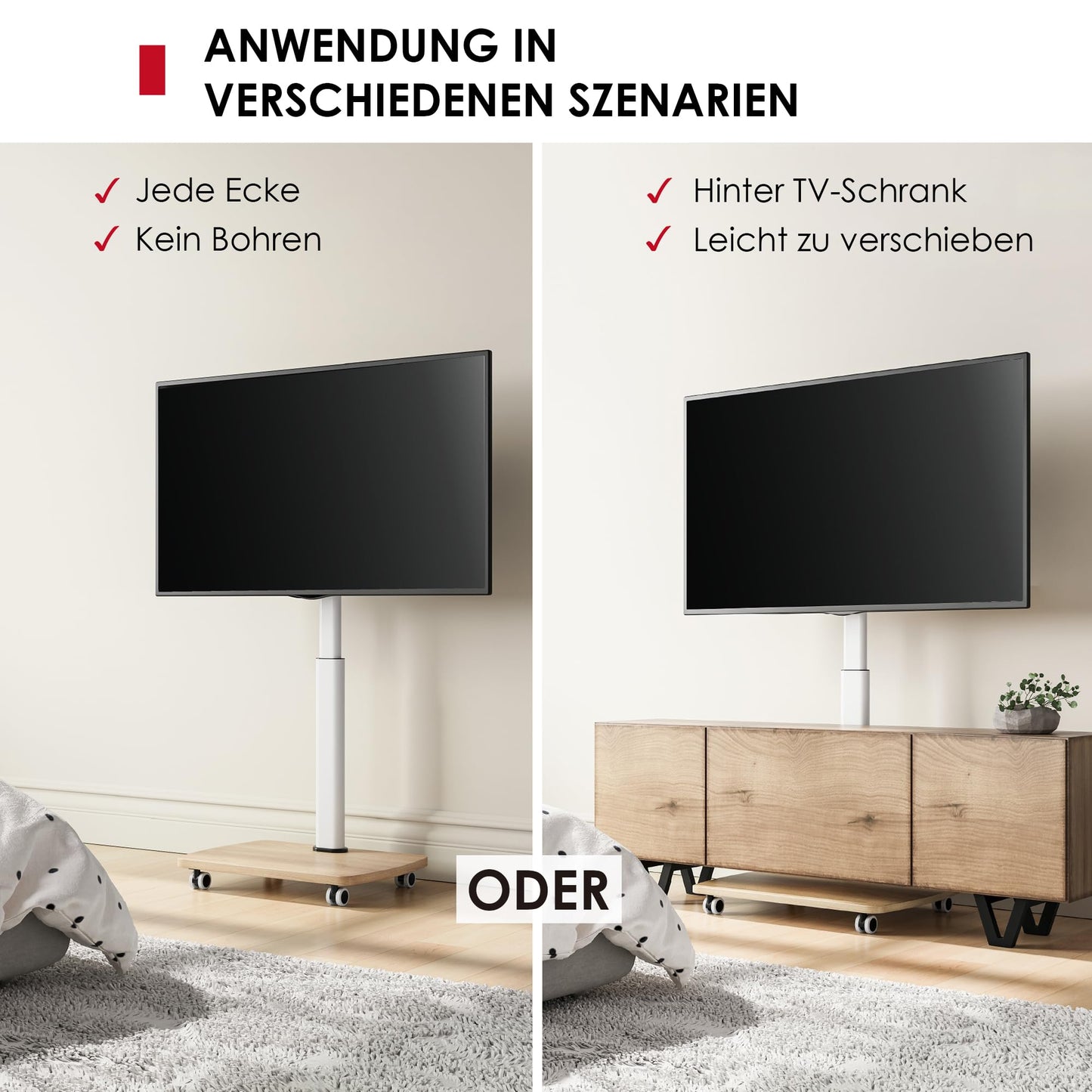 AOKCOS TV Ständer Rollbar mit Holzablage, Fernsehständer auf Rollen für 32-65 Zoll Fernseher, TV Bodenständer Höhenverstellbar Schwenkbar, bis 40 kg Max. VESA 400x400mm (Weiß+Natur)