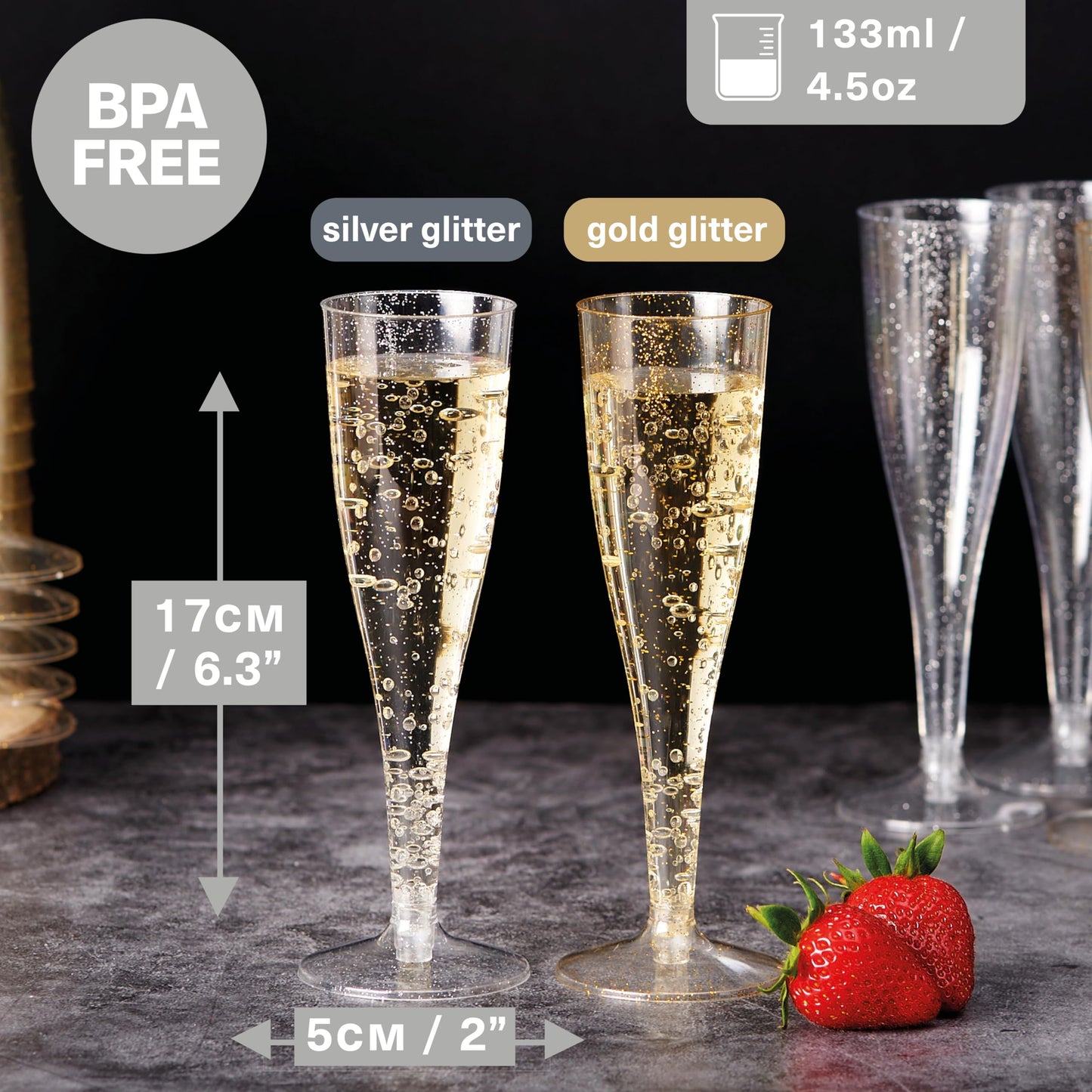 MATANA 120 Premium Sektgläser Plastik mit Silber & Goldglitter, 133ml - Sektgläser Kunststoff, Sektflöten, Champagner Gläser, Cocktailgläser, Weingläser für Hochzeiten, Partys - Stabil & Mehrweg