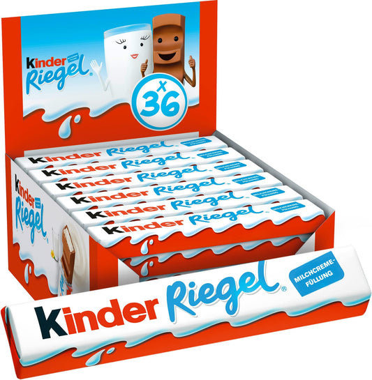 Kinder Riegel 36er-Pack, einzeln verpackte Milchcreme-Riegel mit Vollmilchschokolade, auf weißem Hintergrund.