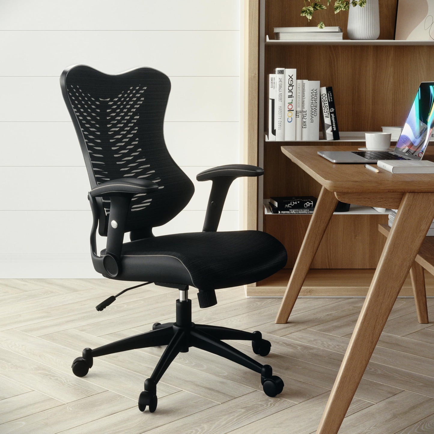 Flash Furniture Bürostuhl, ergonomisch, mit Netz-Rückenunterstützung, hoher Rückenlehne, höhenverstellbarem Sitz und feststellbarem Kipphebel, schwarz, 64 x 65 x 109 cm