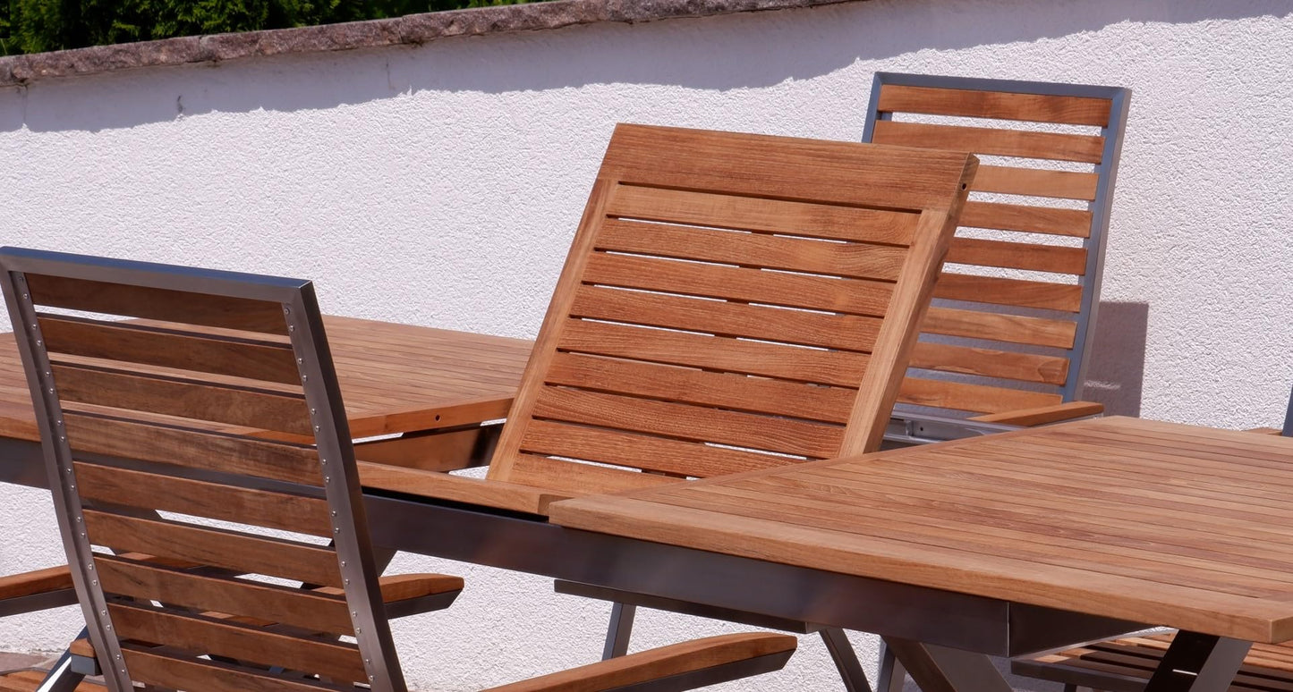 ALEOS. Gartengarnitur Edelstahl Teak Set: Ausziehtisch 200-260x100 cm + 10 Teak-Edelstahl Hochlehner, Sitzgruppe A-Grade Teak Holz - Serie Nassau - Gartenmöbel Set 10 Personen Gastronomie Qualität