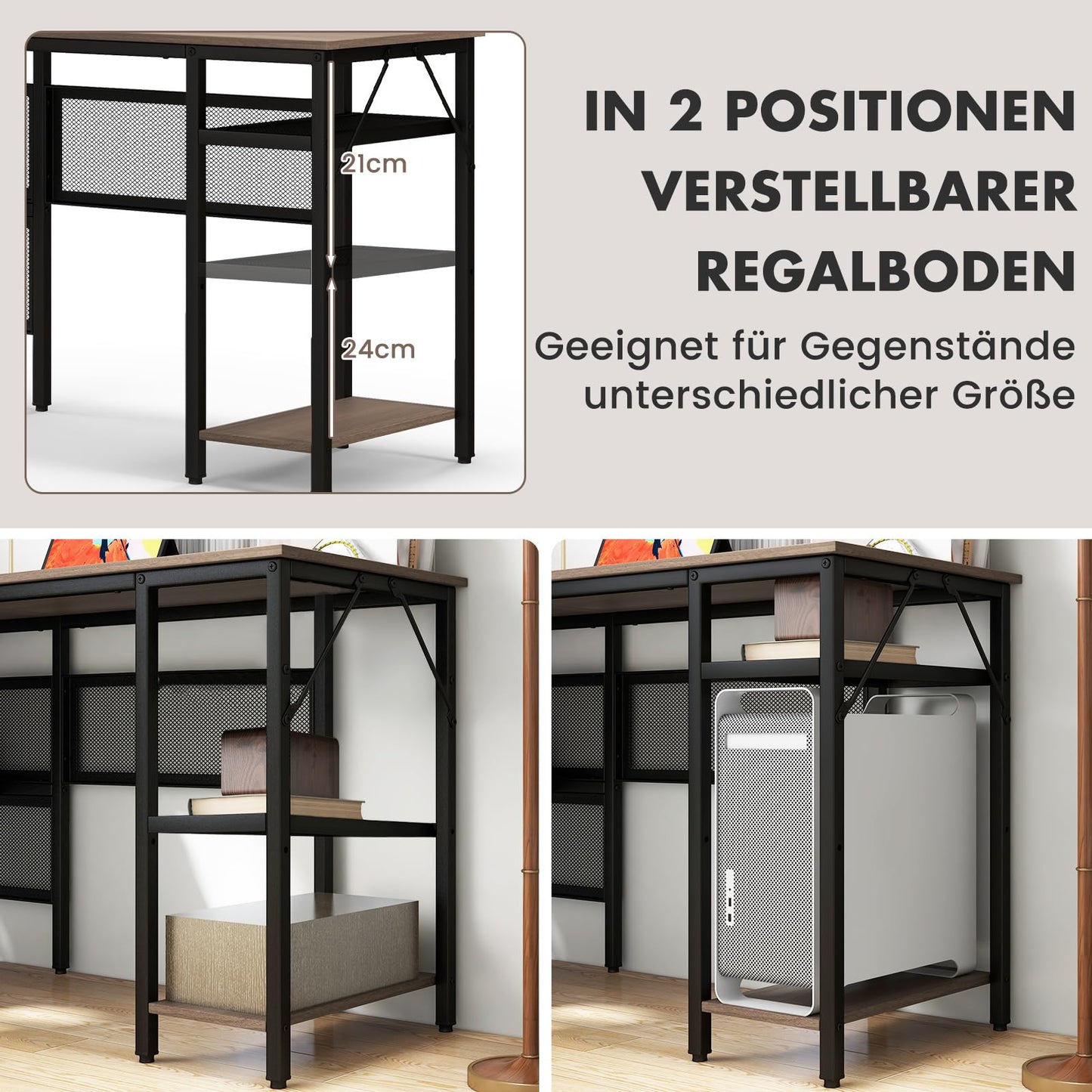 COSTWAY L-förmiger Schreibtisch, reversibler Eckschreibtisch mit Gitterregalen & CPU-Ständer, Ecktisch, Computertisch, Bürotisch für Home Office, 140 x 120 x 74 cm