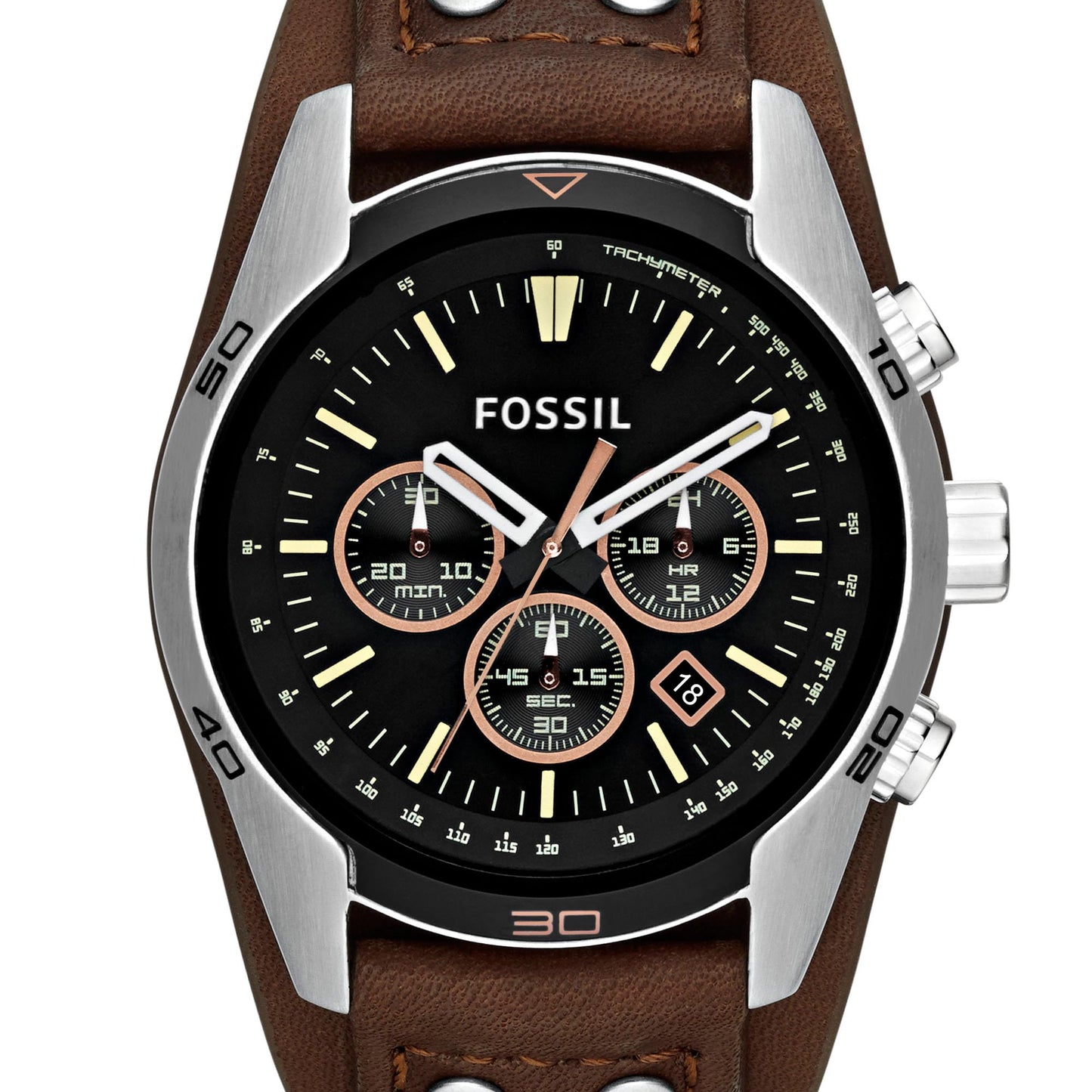 Fossil Coachman uhr für Herren, Chronographenwerk mit Edelstahl- oder Lederarmband, Schwarz, 44MM