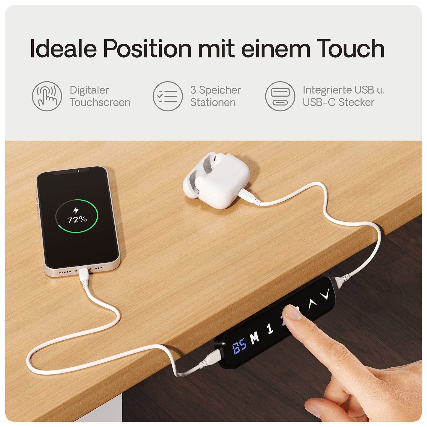 Desktronic Höhenverstellbarer Schreibtisch - Stehpult Tischgestell Elektrisch mit Touchscreen + Ladeanschlüssen - Höhenverstellbar