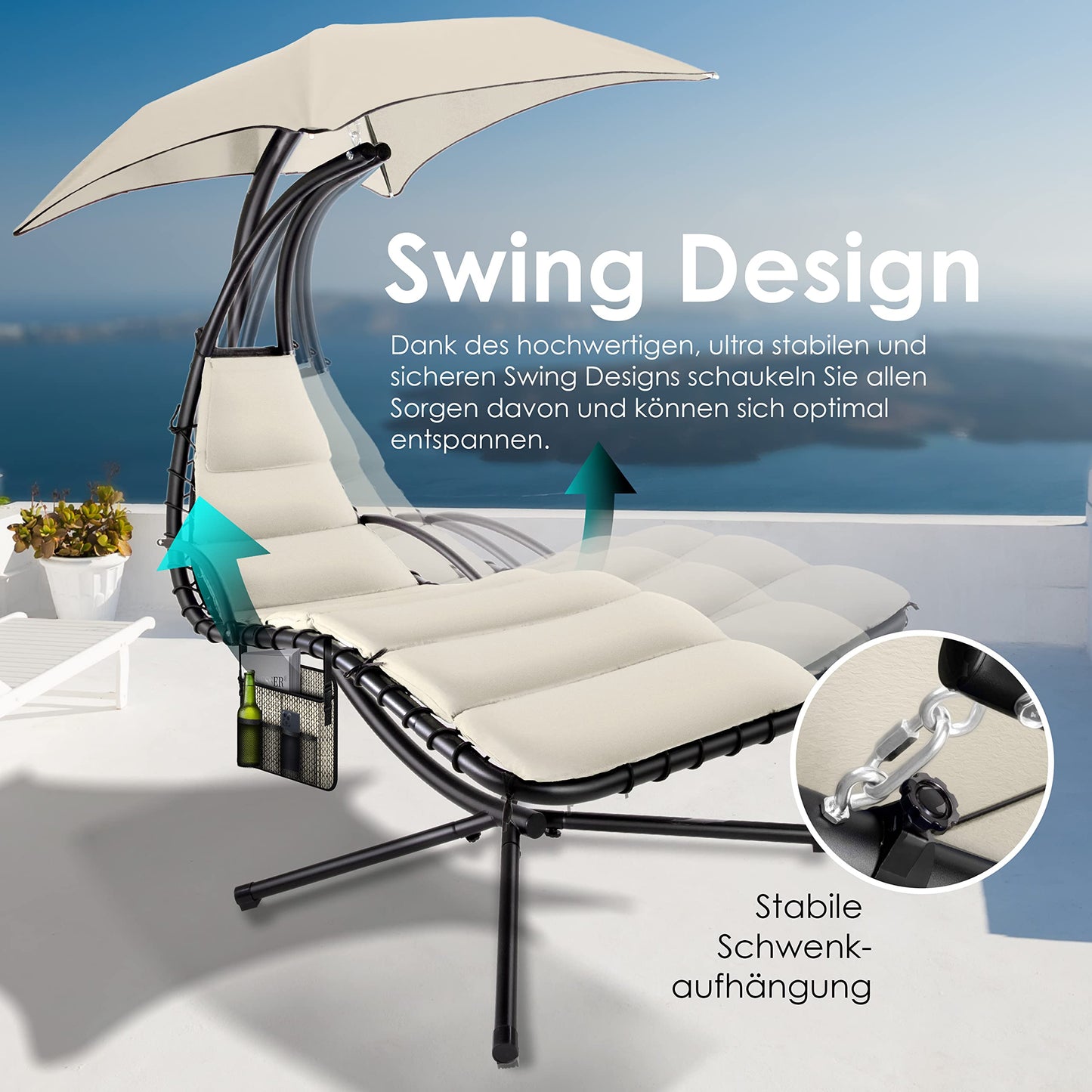 KESSER® Schwebeliege mit Sonnenschirm, Hängeliege, Sonnenliege H200, L194, B100 cm, Relaxliege, Schaukelliege Hängematte, bis 120 kg belastbar, Auflagen - Nackenkissen, Inkl. Tasche