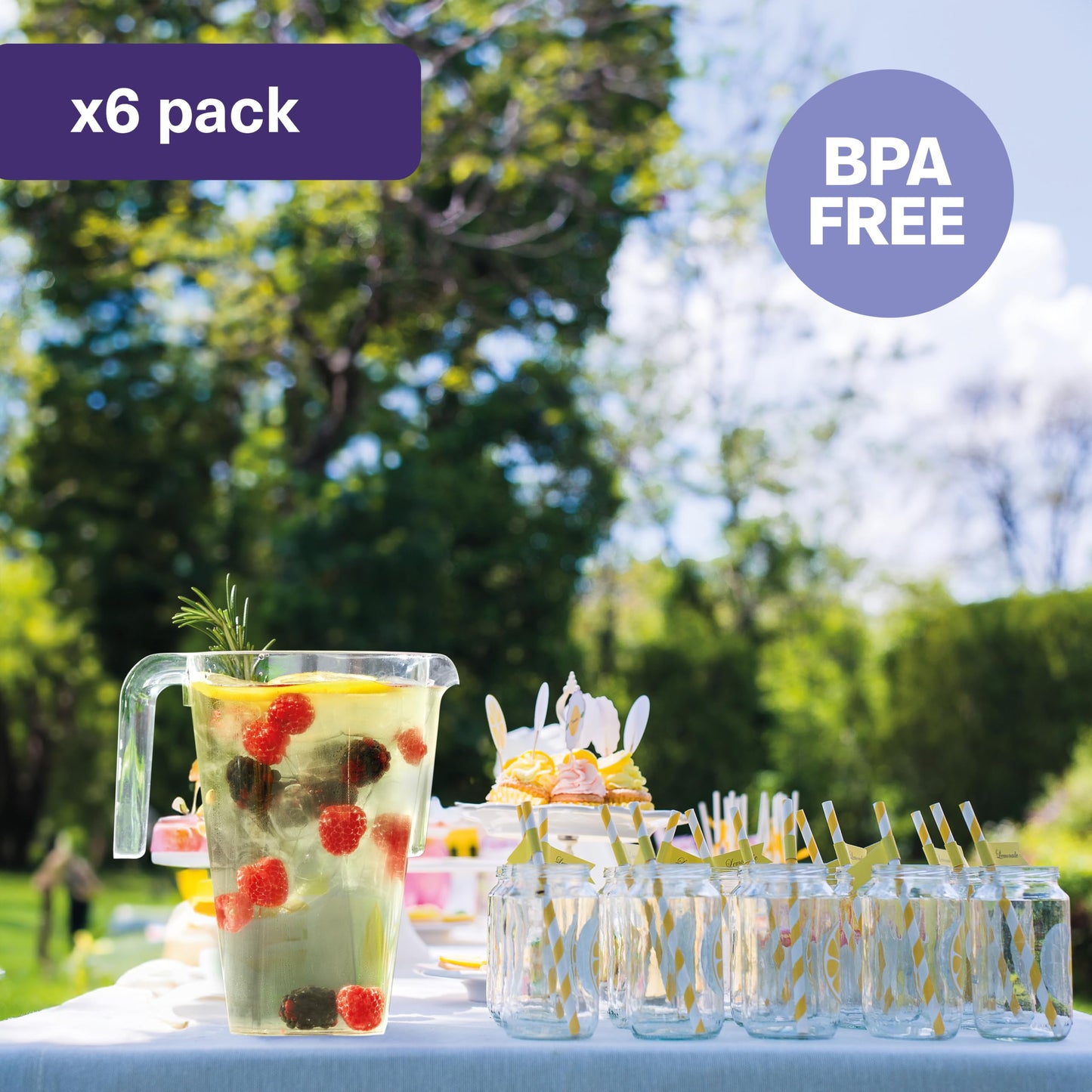 MATANA 6 Kunststoff Krüge (Durchsichtig, 1,5L) - Wasserkrug, Cocktail Krug, Saftkanne, Wasserkanne, Karaffe Plastik, Wasserkaraffe - Geburtstage, Hochzeiten, Grillpartys - Stabil & Mehrweg