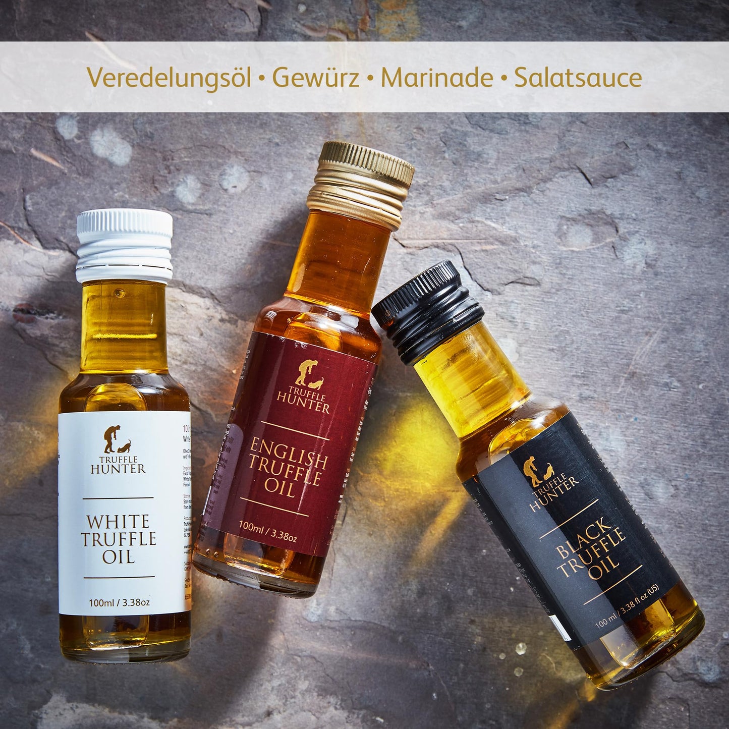 TruffleHunter – Trüffelöl-Set mit englischen, schwarzen und weißen Trüffeln – Natives Olivenöl extra & Kaltgepresstes Rapsöl – 100 ml x 3