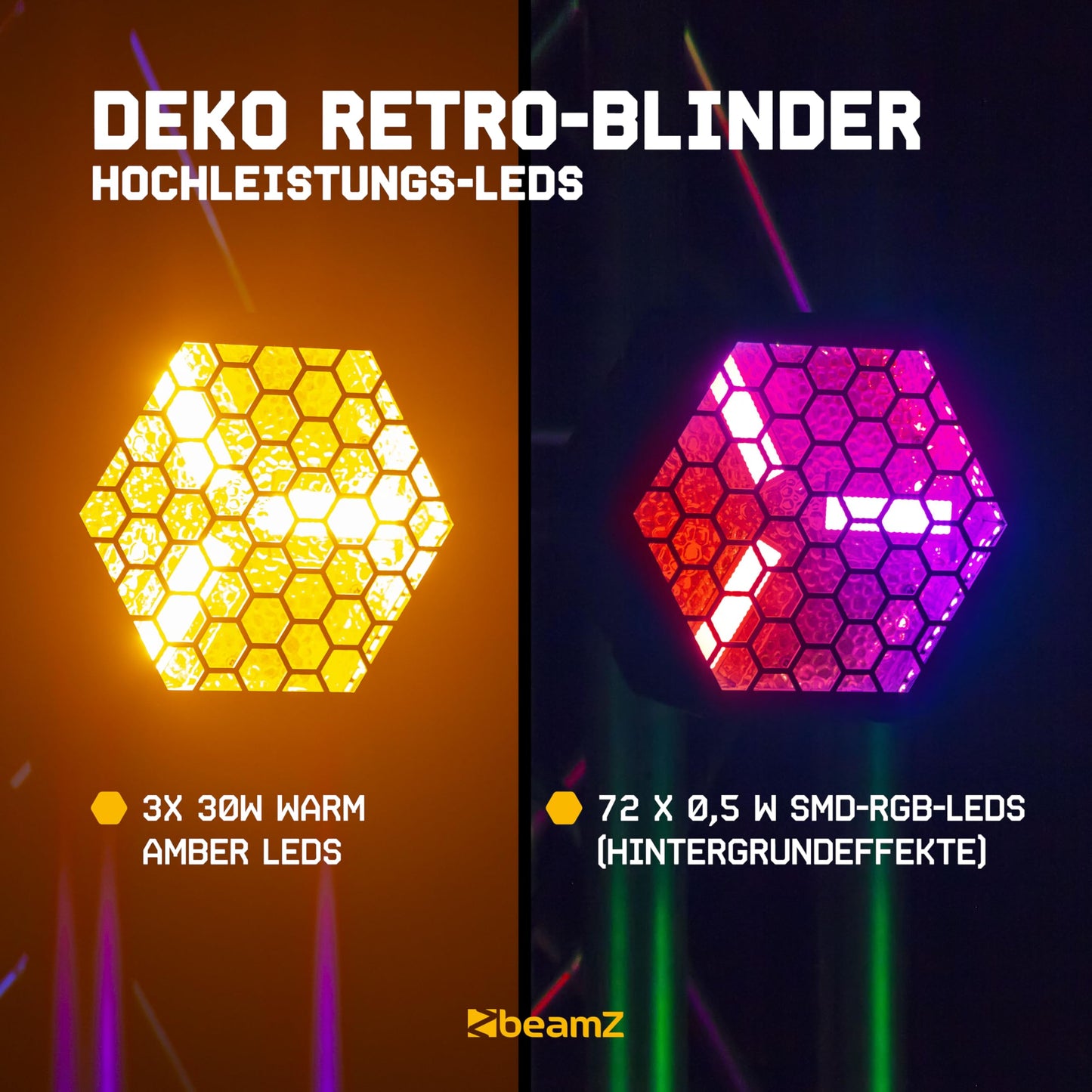 BeamZ RB90 Retro Stage Blinder 3 x 30 Watt LED Effektstrahler DMX Licht, 3-in-1 Bühnenlicht Deko DJ Lichtanlage Party, Lichtorgel Warmweiß, 72x RGB-SMD-LEDs, Stroboskop, Disco Beleuchtung