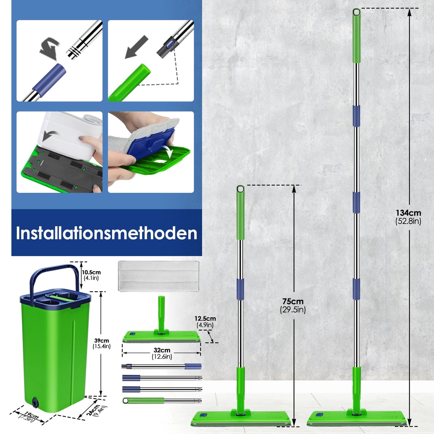 Myiosus Wischmopp Set mit Eimer, Bodenwischer, 2 in 1 Putzeimer mit Wischmop, 138cm Flachmopp für Bodenreinigung und Wandreiniger, 360° Wischmopp mit Auswringfunktion für Alle Böden-5 Mikrofaser Pads