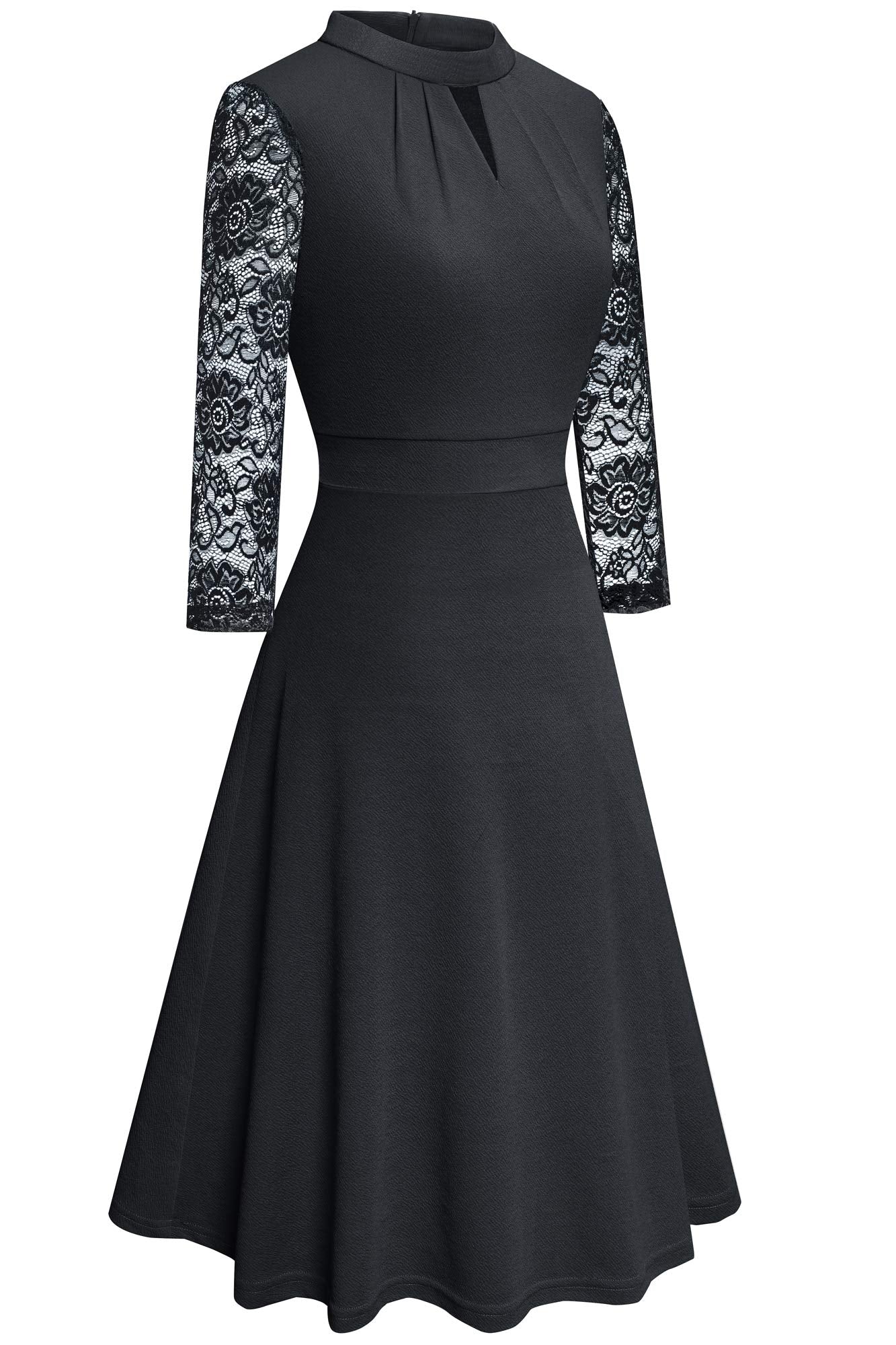 HOMEYEE Damen Elegant Hollow Out Spitzenärmel Swing Retro Party Cocktailkleid A234 (L, Schwarz)