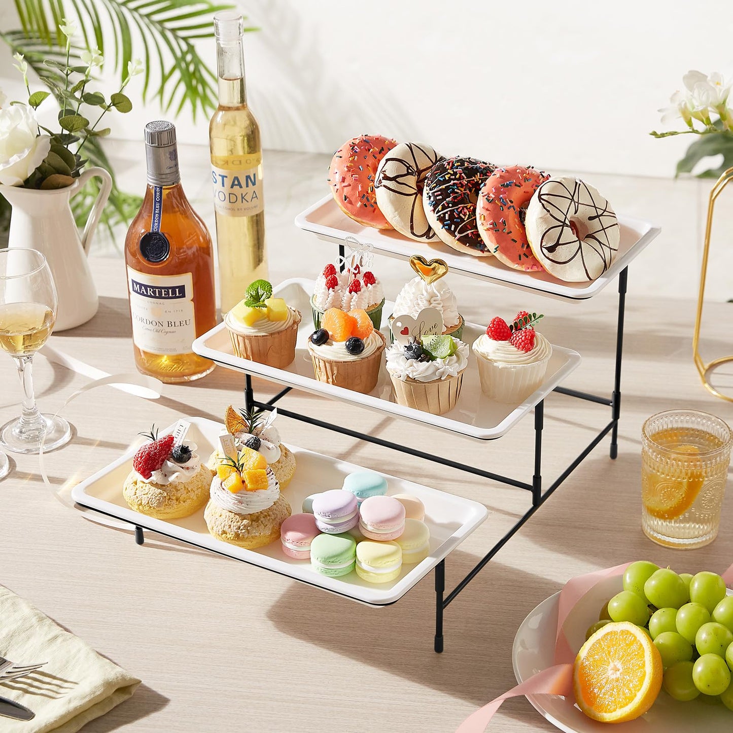 Lifewit 3-stufiges Serviertablett für Partyzubehör, 30x17cm Servierplatte zum Anrichten von Speisen, weiße wiederverwendbare Tabletts mit schwarzer Obstschale für Gemüse, Obst, Kekse, Desserts
