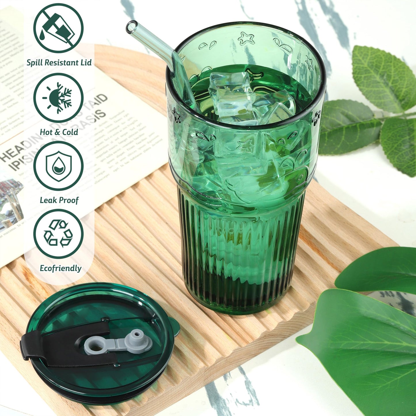 Joeyan 550ml Grün Trinkbecher mit Deckel und Strohhalm,Smoothie Shake Becher mit Gravierte Delfin,Cute Kaffeebecher mit tiermotive,Auslaufsicheres Unterwasserwelt Trinkgläser,Spülmaschinenfest,2er Set
