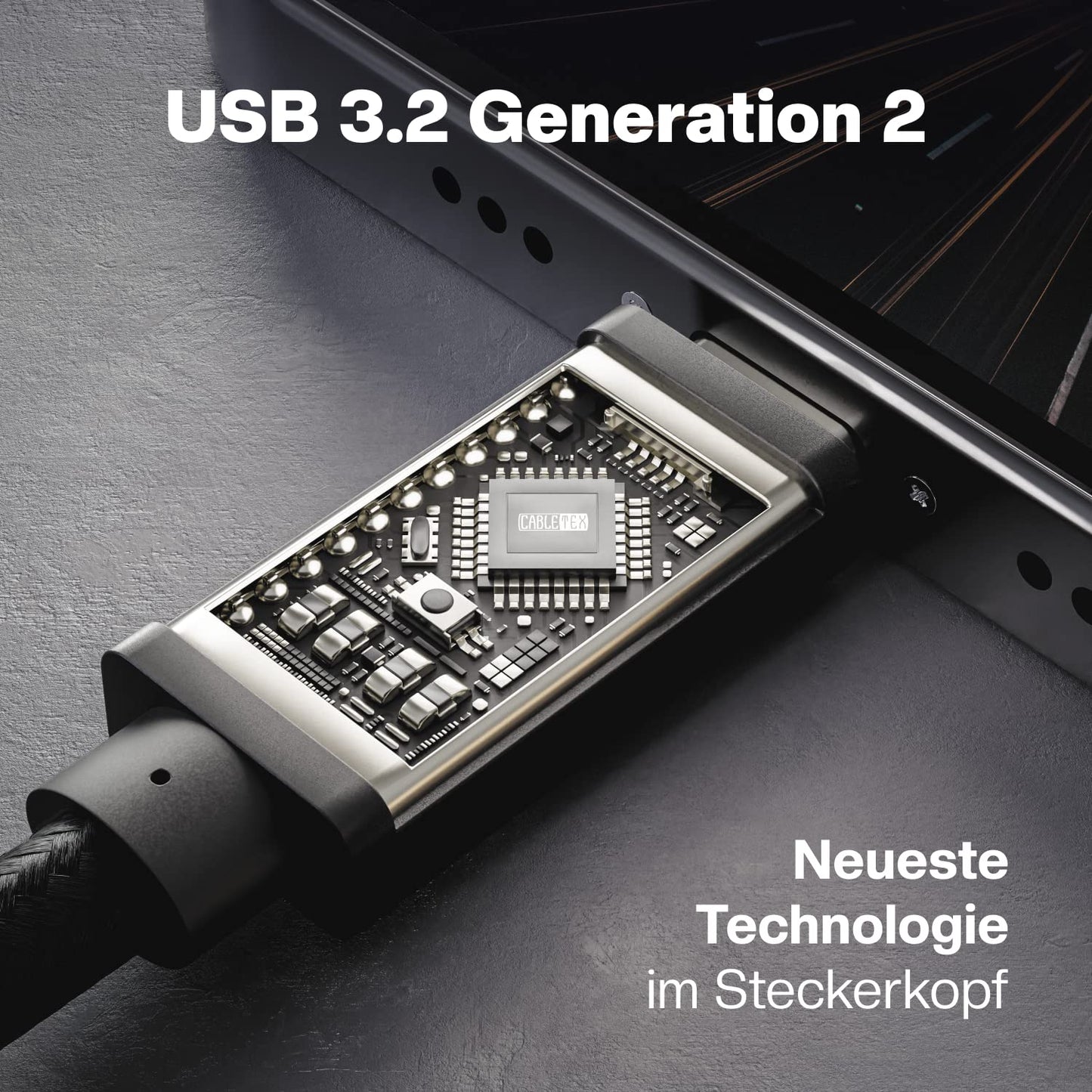 CABLETEX USB C Kabel zu Typ-C 3.2 Gen 2 100W Power Delivery für Thunderbolt 3 Monitorkabel Bildschirme/Displays, Ladekabel, 10GBit/s, 1m, Video- und Audioübertragung - Schwarz