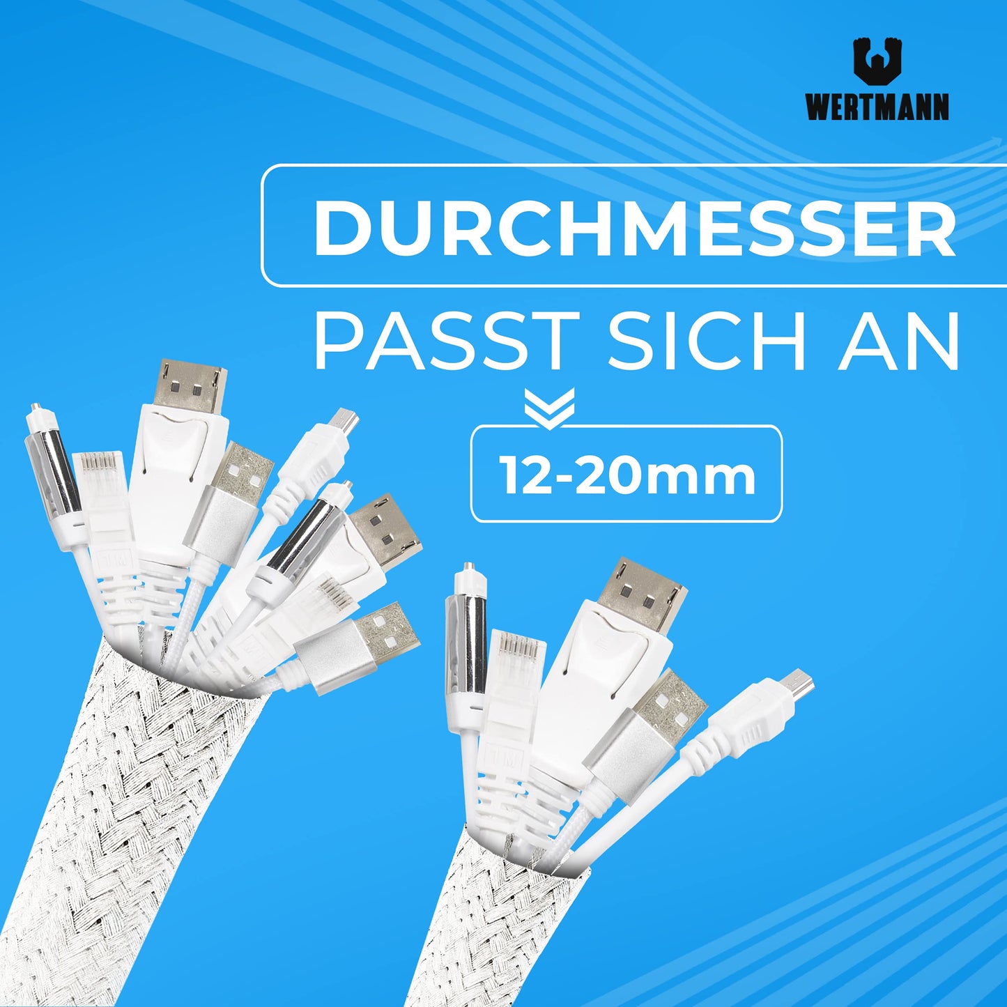 Wertmann gewebter Kabelschlauch weiß [3m] inkl Klettkabelbinder - Durchmesser [12-20mm] passt Sich an - als TV Kabelkanal weiß oder für den PC als Kabelmanagement Schreibtisch