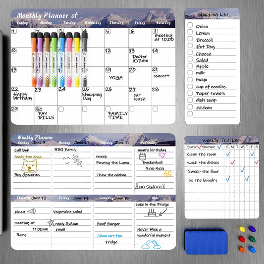 Marsrock Magnetischer Kalender für den Kühlschrank (4er-Pack) – Wochen- und Monatsplaner, Aufgaben- und Einkaufsliste, Whiteboard mit 8 Markern, 6 Magneten und 1 Schwamm für Küche und Zuhause, in Grau