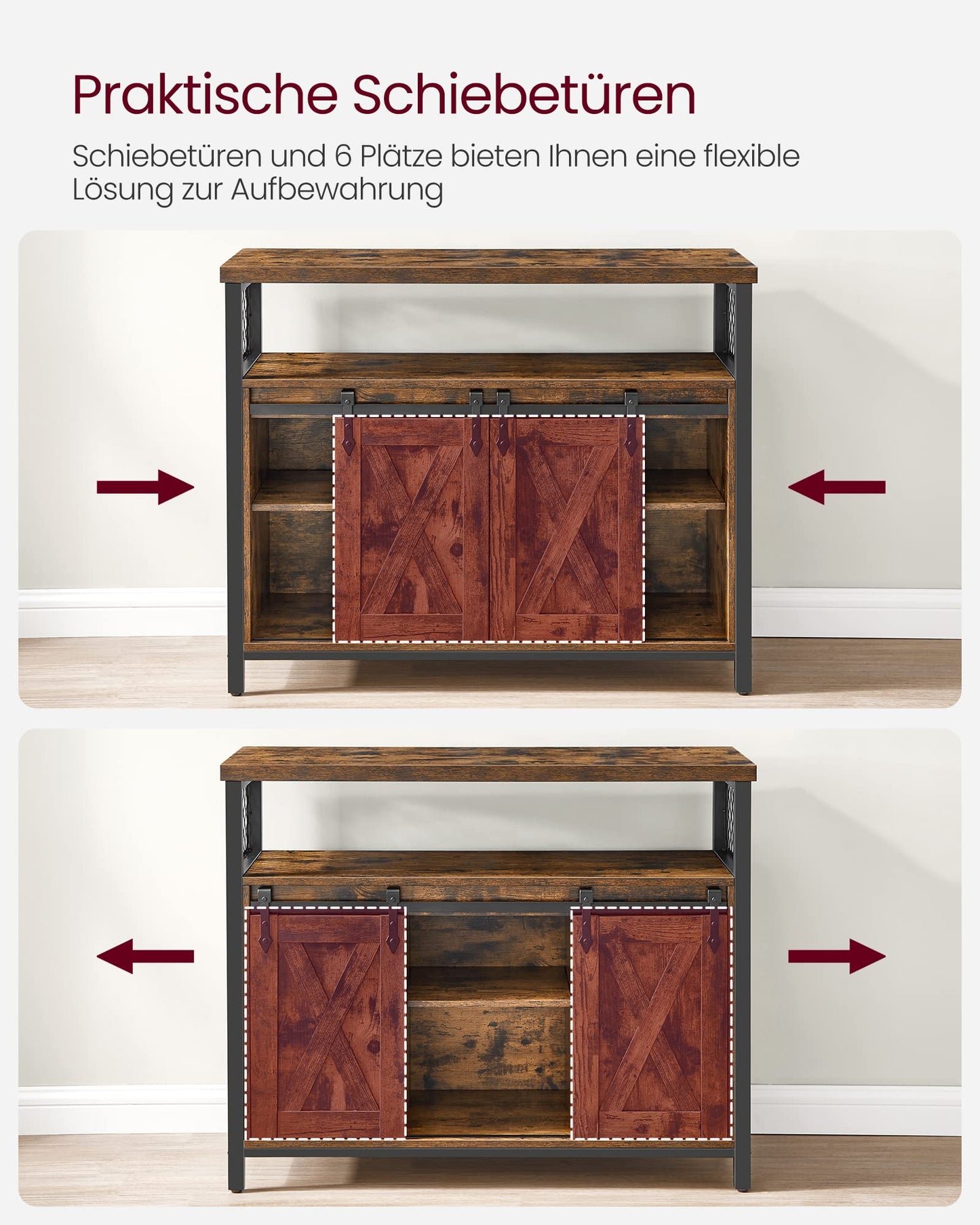 VASAGLE Sideboard, Küchenschrank, Aufbewahrungsschrank, mit 2 Schiebetüren, 33 x 100 x 80 cm, verstellbare Ablagen, Landhausstil, für Wohnzimmer, vintagebraun-schwarz LSC092B01