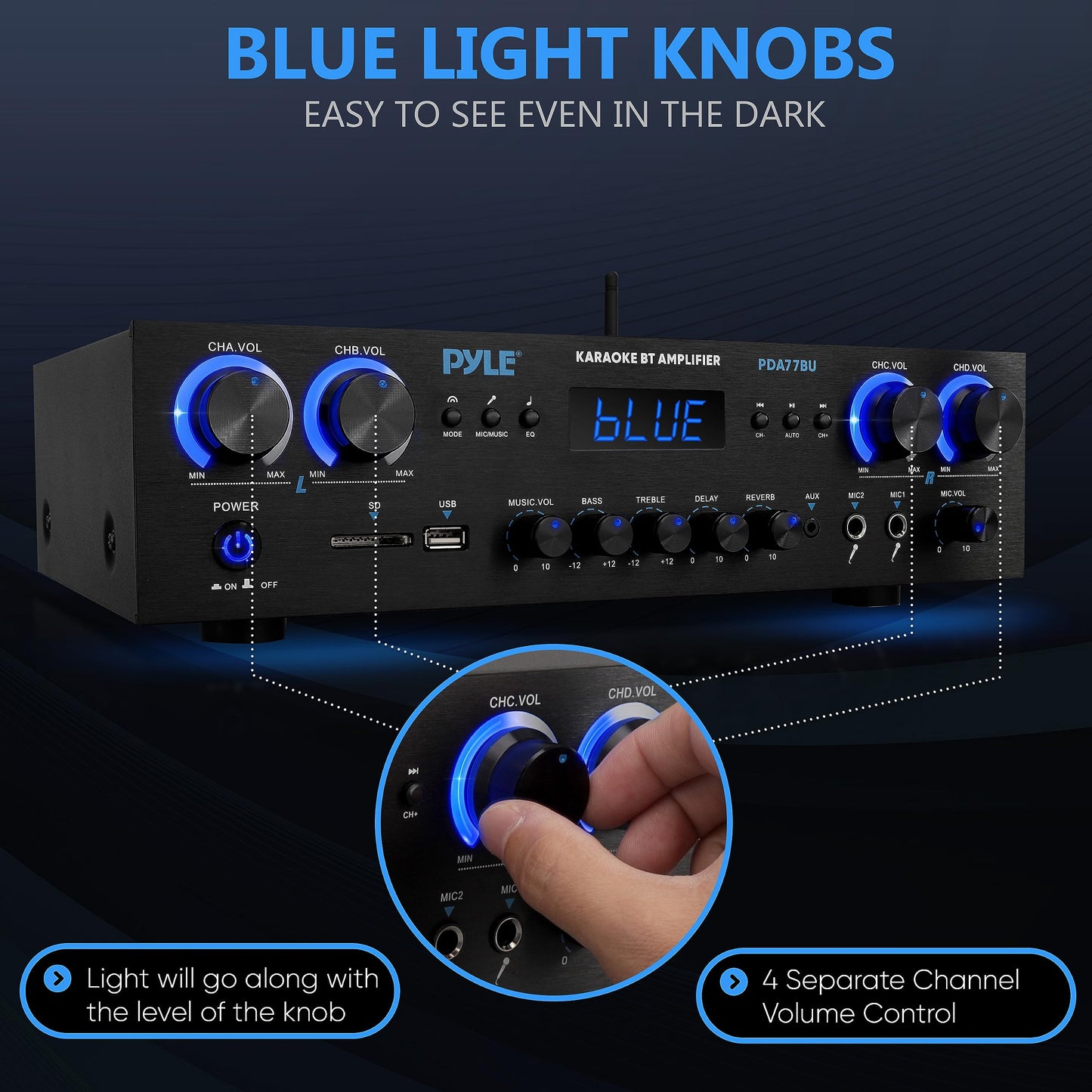 Pyle 800-Watt Heimkino-Verstärker Stereo-Receiver mit Bluetooth-Streaming, unabhängiger Mikrofon-Echo- & Lautstärkeregelung, MP3/USB/SD/AUX/FM-Radio