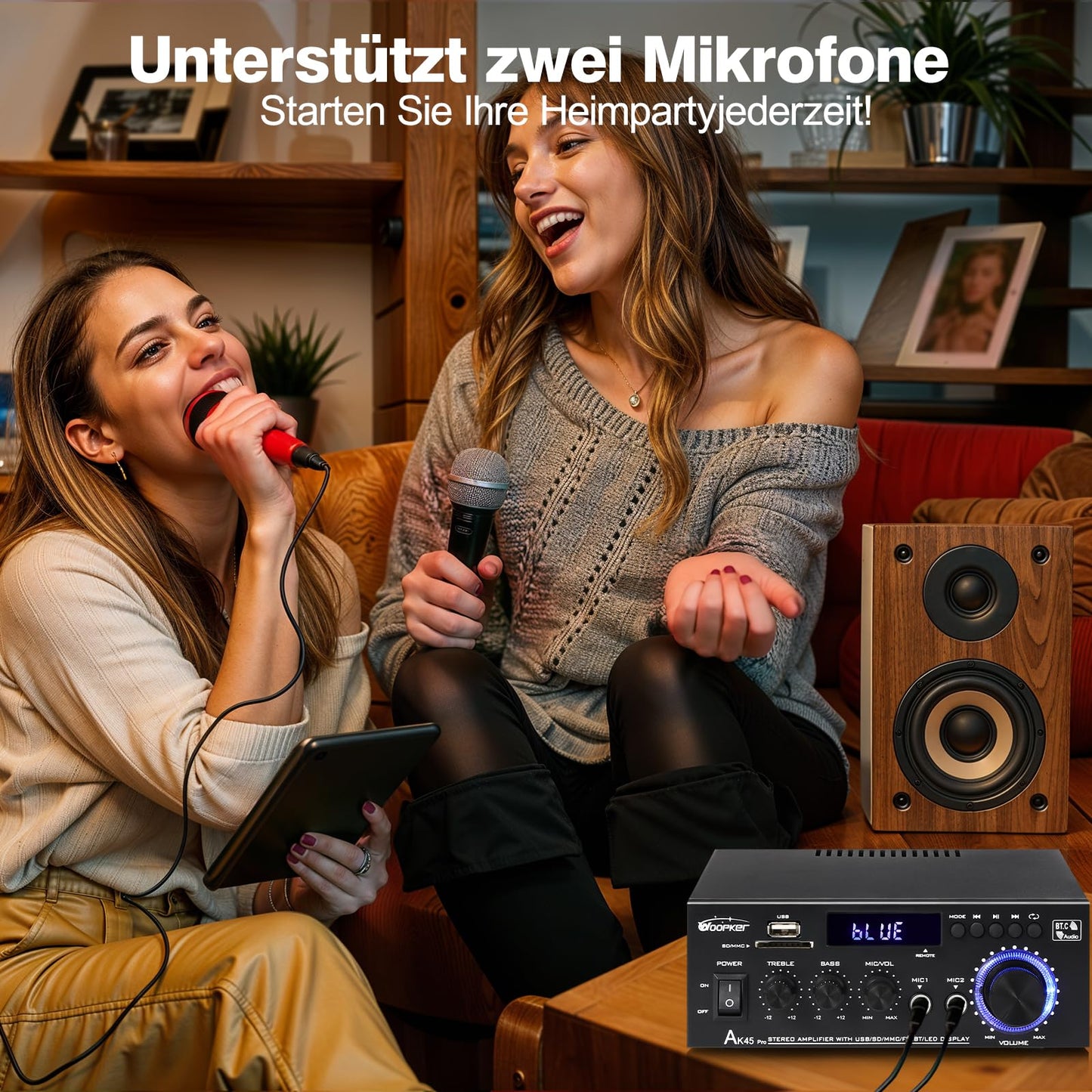 AK45 Pro HiFi-Verstärker WOOPKER Mini Verstärker, 500W,2 Kanäle Bluetooth Verstärker HiFi Stereo w/UKW-Radio, USB,SD,RCA,MIC In,Audio Verstärker Receiver für Zuhause oder Auto