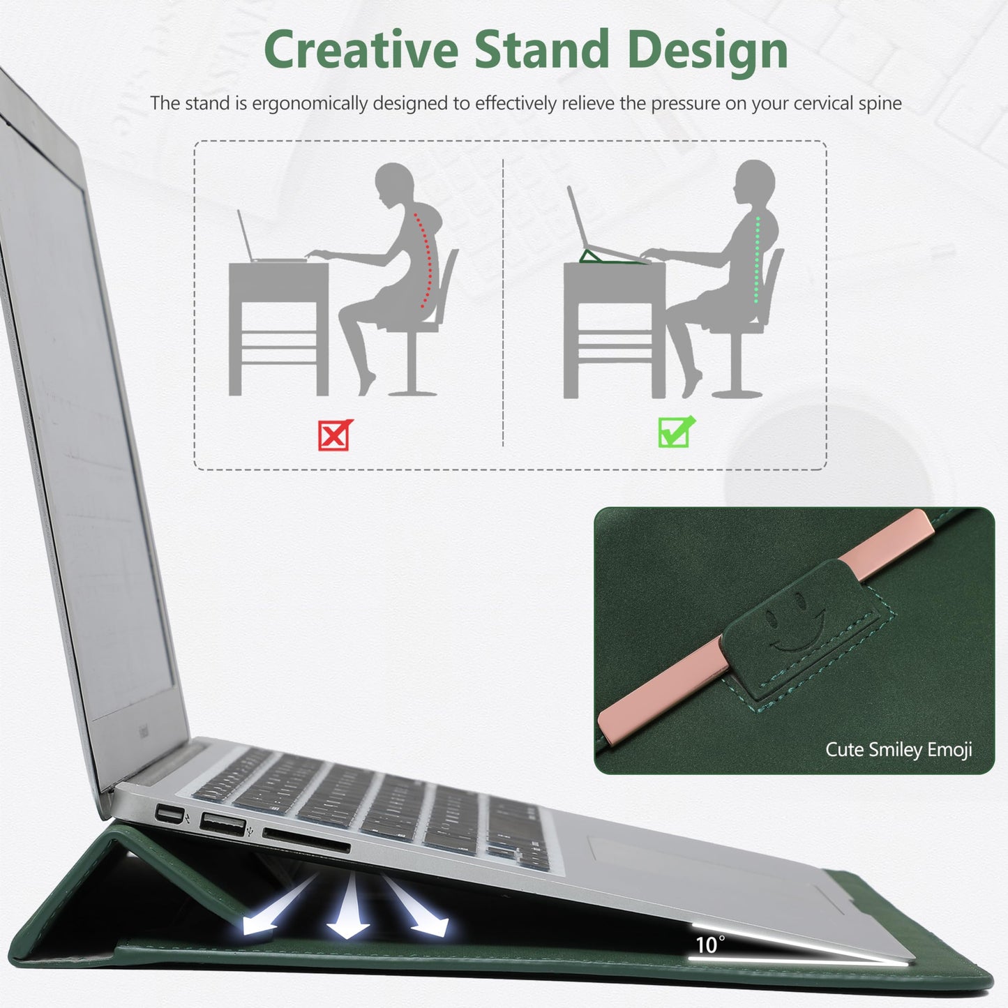 HYZUO 13,3-14 Zoll Laptophülle Laptop Hülle Tasche mit Standfunktion für MacBook Pro 14 M4/M3/M2/M1 Pro/Max 2025-2021, MacBook Air/Pro 13.3, 13.8"/13.5" Surface Laptop, Mitternachtsgrün(Smiley)