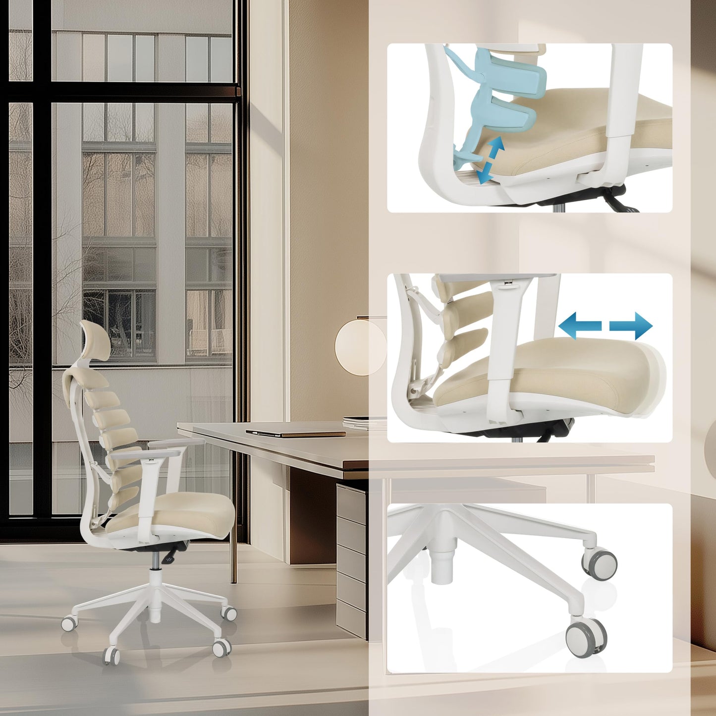 hjh OFFICE Ergo LINE W Bürostuhl – ergonomischer Drehstuhl mit Lordosenstütze & Kopfstütze, Beige