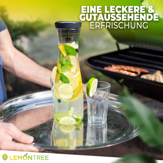 Lemontree Glaskaraffe mit Deckel & Fruchteinsatz 1,8l - Wasserkaraffe für kalte & heiße Getränke, Deckel mit Close Up-Verschluss, Karaffe aus Borosilikatglas